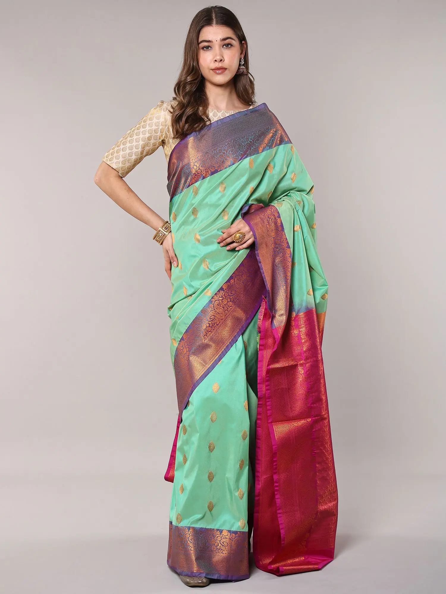 Absinthe-Green Saree from Bangalore with Zari Woven Bootis and Contrast Paisley Border