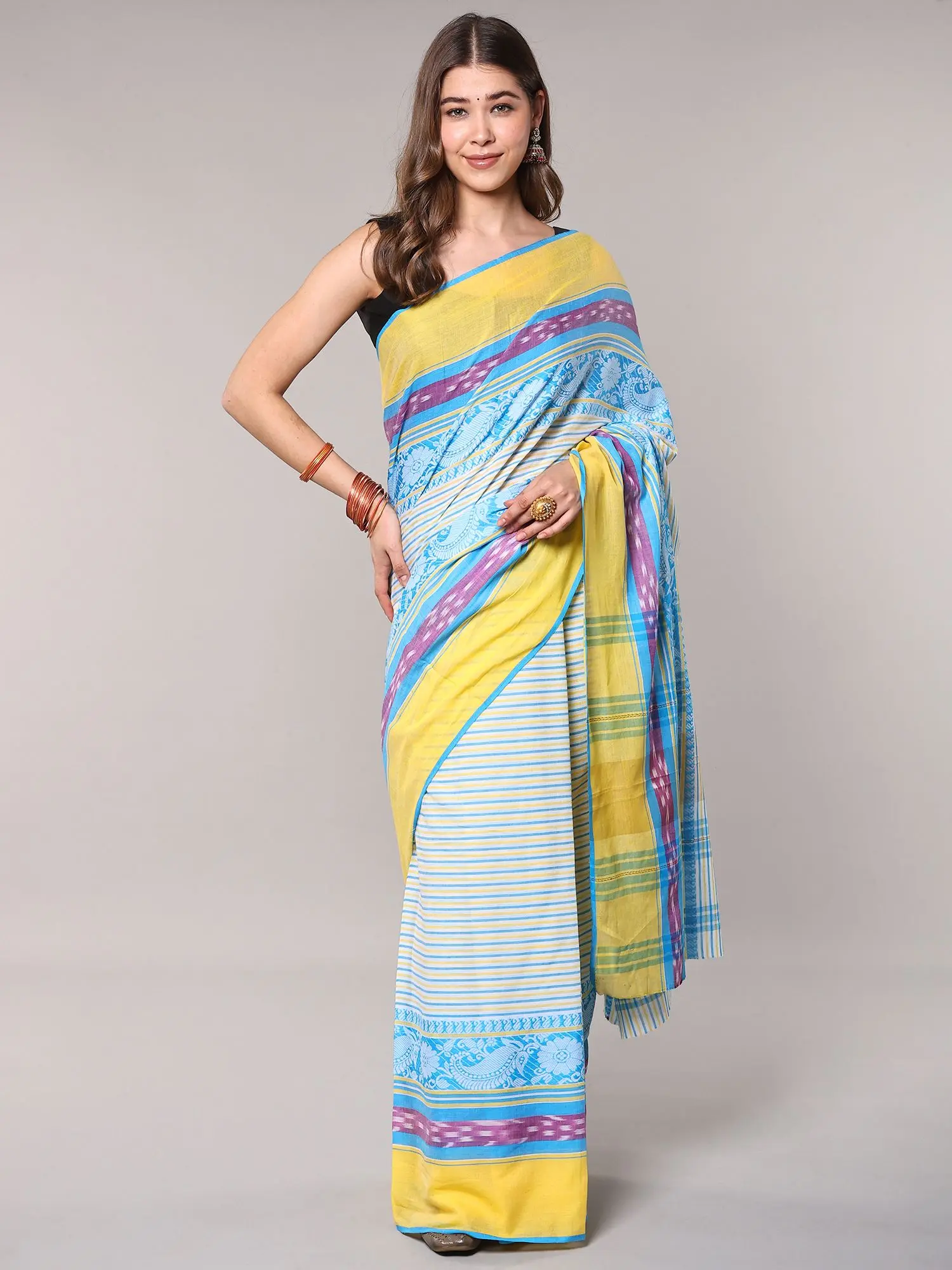 Multi Stripes Cotton Saree from Bengal with Woven Floral Border