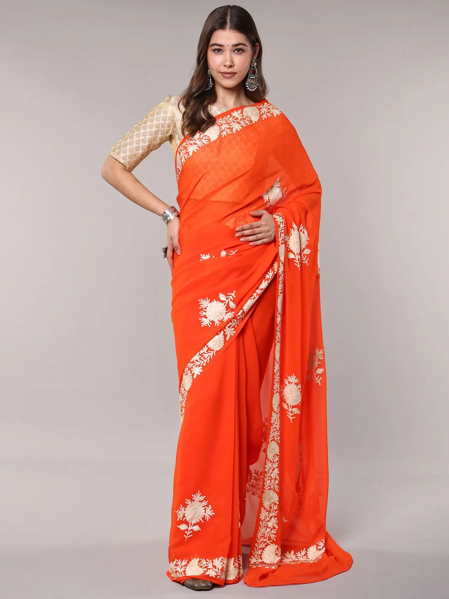 Tangerine-Tango Georgette Saree with Aari Embroidered Flowers from Kashmir
