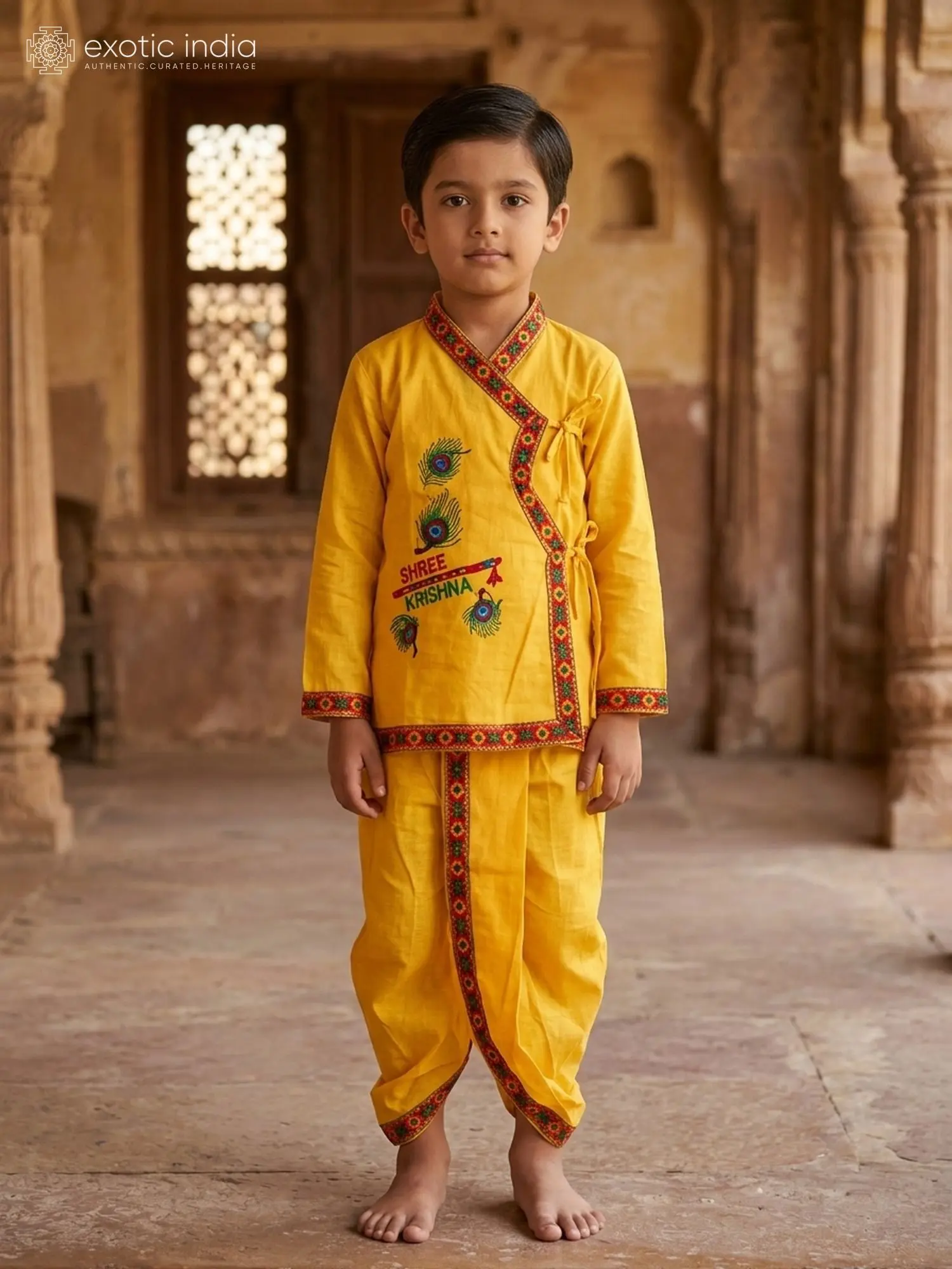 Spectra-Yellow Shri Krishna Embroidered Kids Dhoti Kurta Dress Set for Janmashtami