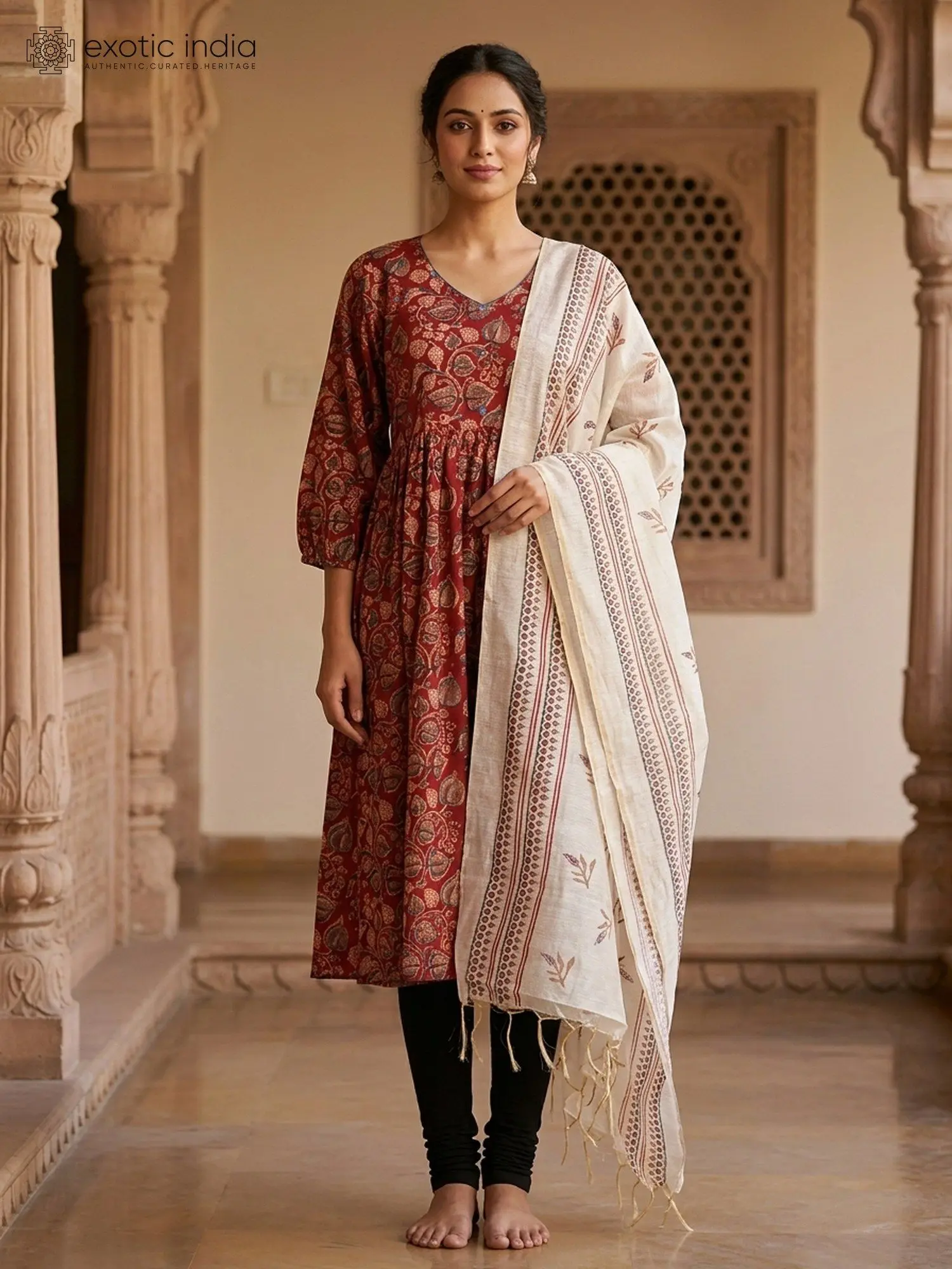 Cannoli-Cream Dupatta with All-Over Printed Leaf