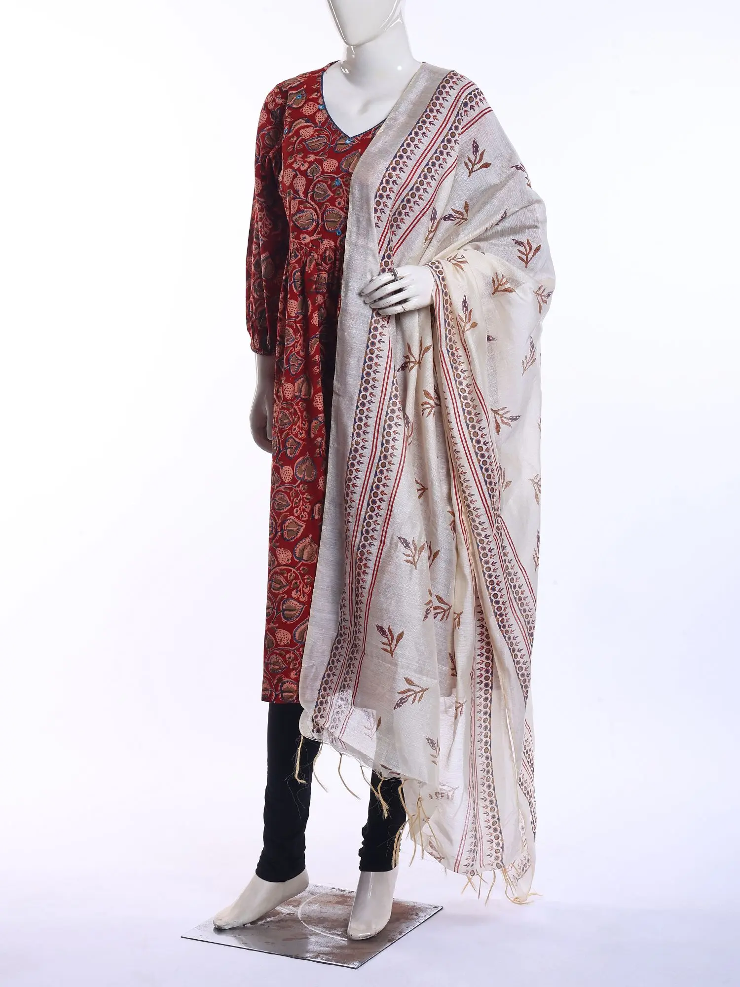 Cannoli-Cream Dupatta with All-Over Printed Leaf, alternate view