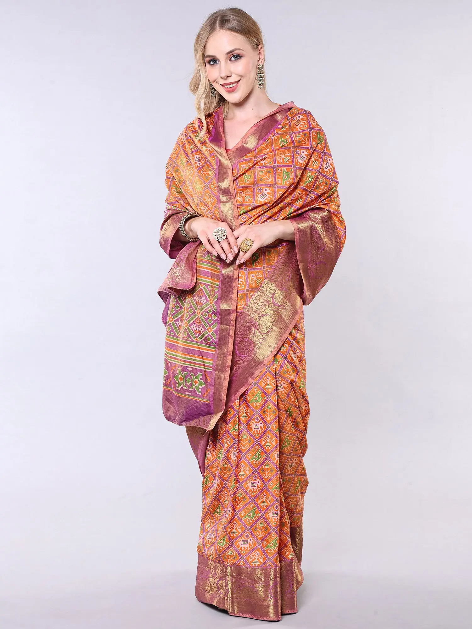 Sun-Orange Patola Saree with Woven Auspicious Motifs and Golden Thread Floral Border, alternate view