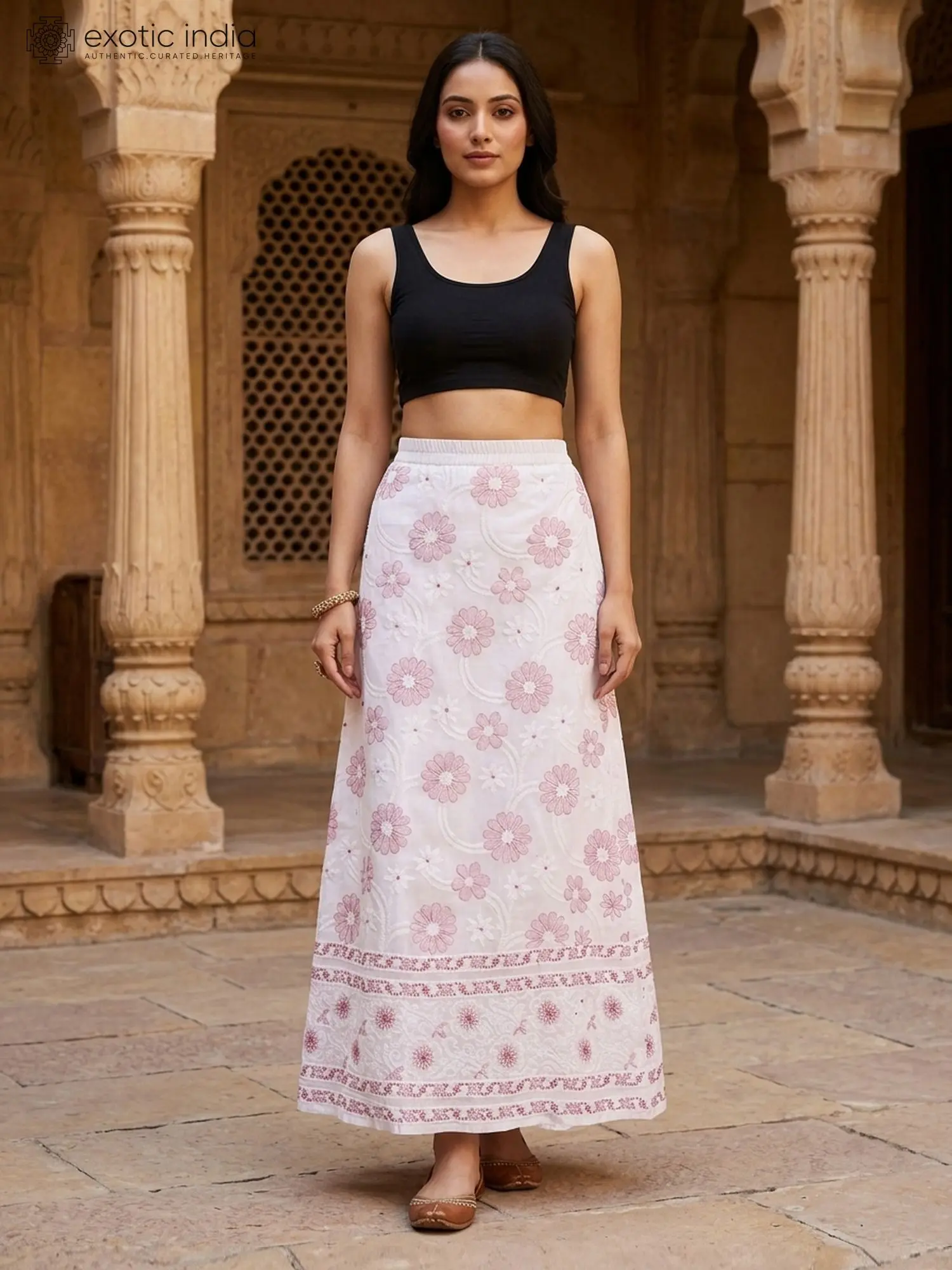 Snow-White Pure Cotton Long Skirt with Floral Lukhnavi Chikankari Embroidery by Hand