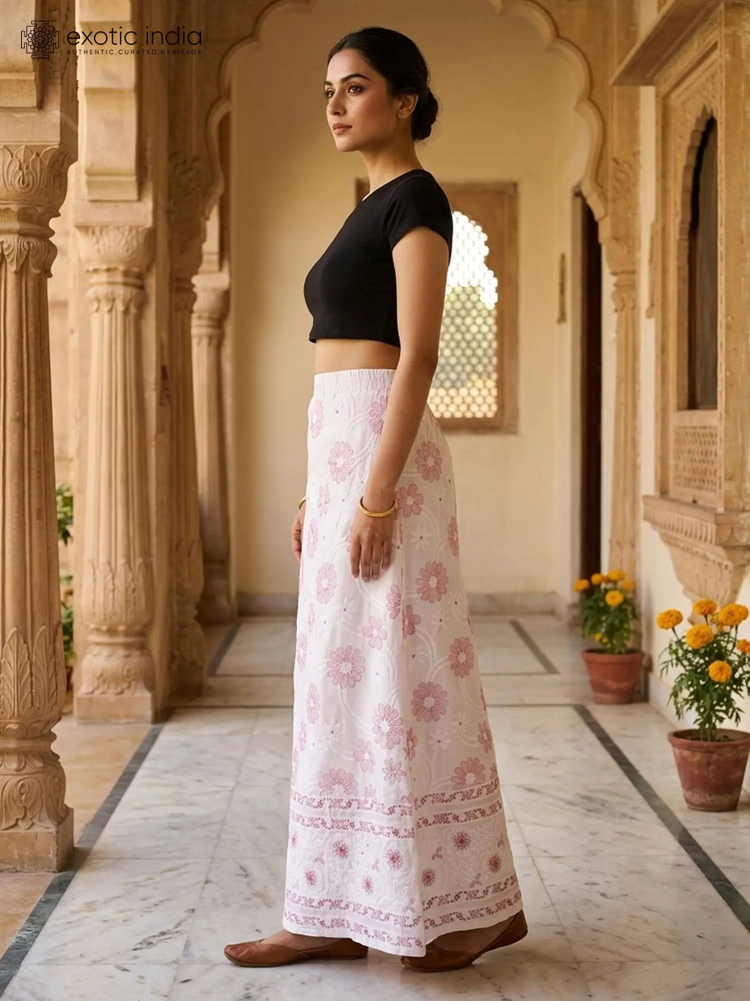 Snow-White Pure Cotton Long Skirt with Floral Lukhnavi Chikankari Embroidery by Hand, alternate view