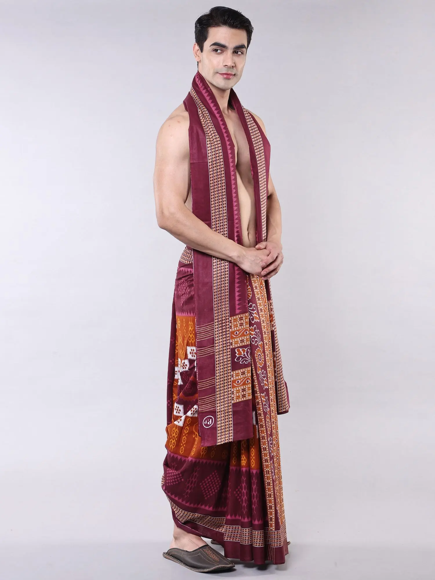 Dual-Color Ikat Printed Dhoti with Angavastram Set and Rudraksha Border from Sambalpur, alternate view