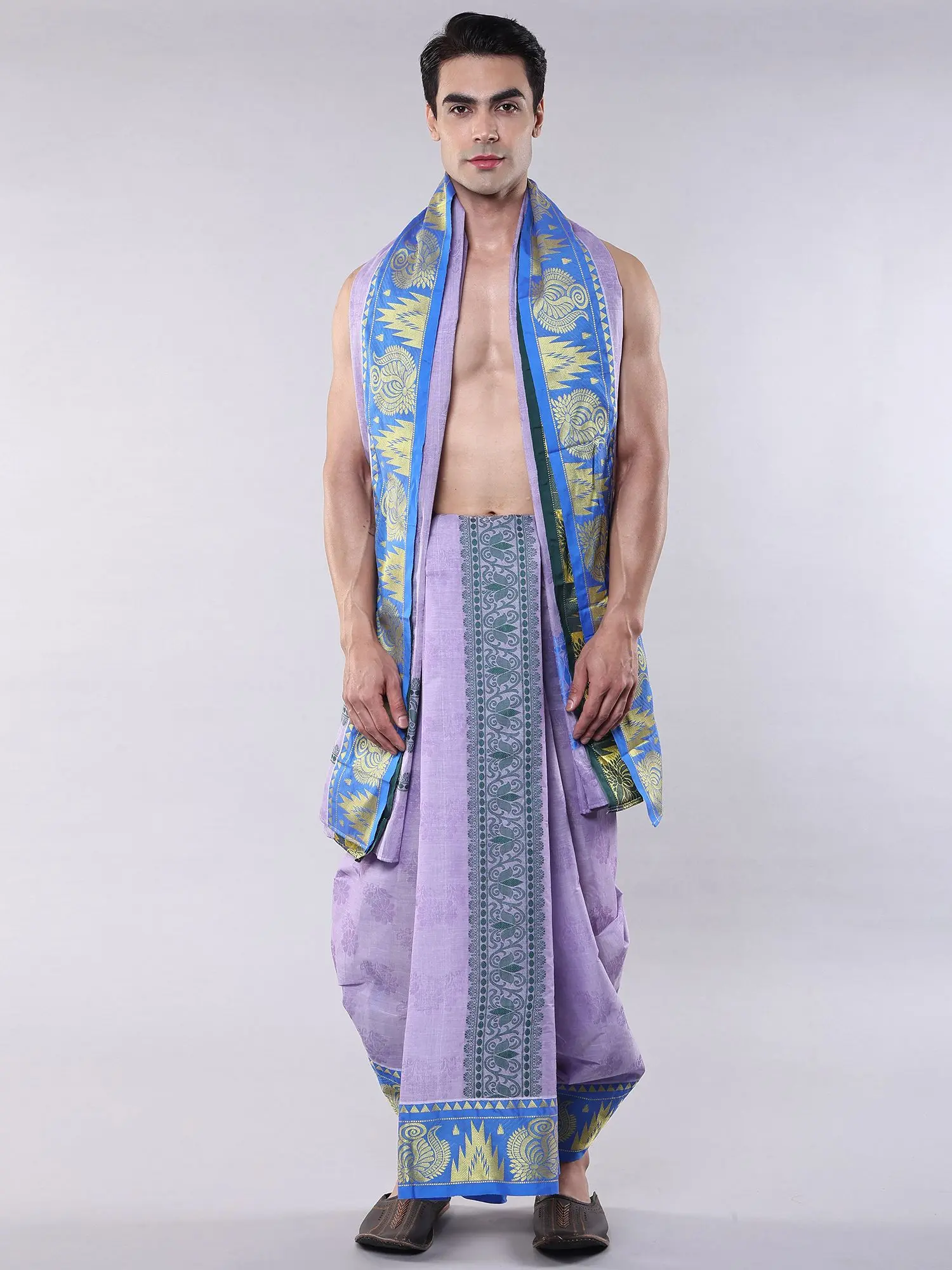 Lavender-Blue Tempe Border Dhoti and Angavastram Set with All-Over Floral Weave
