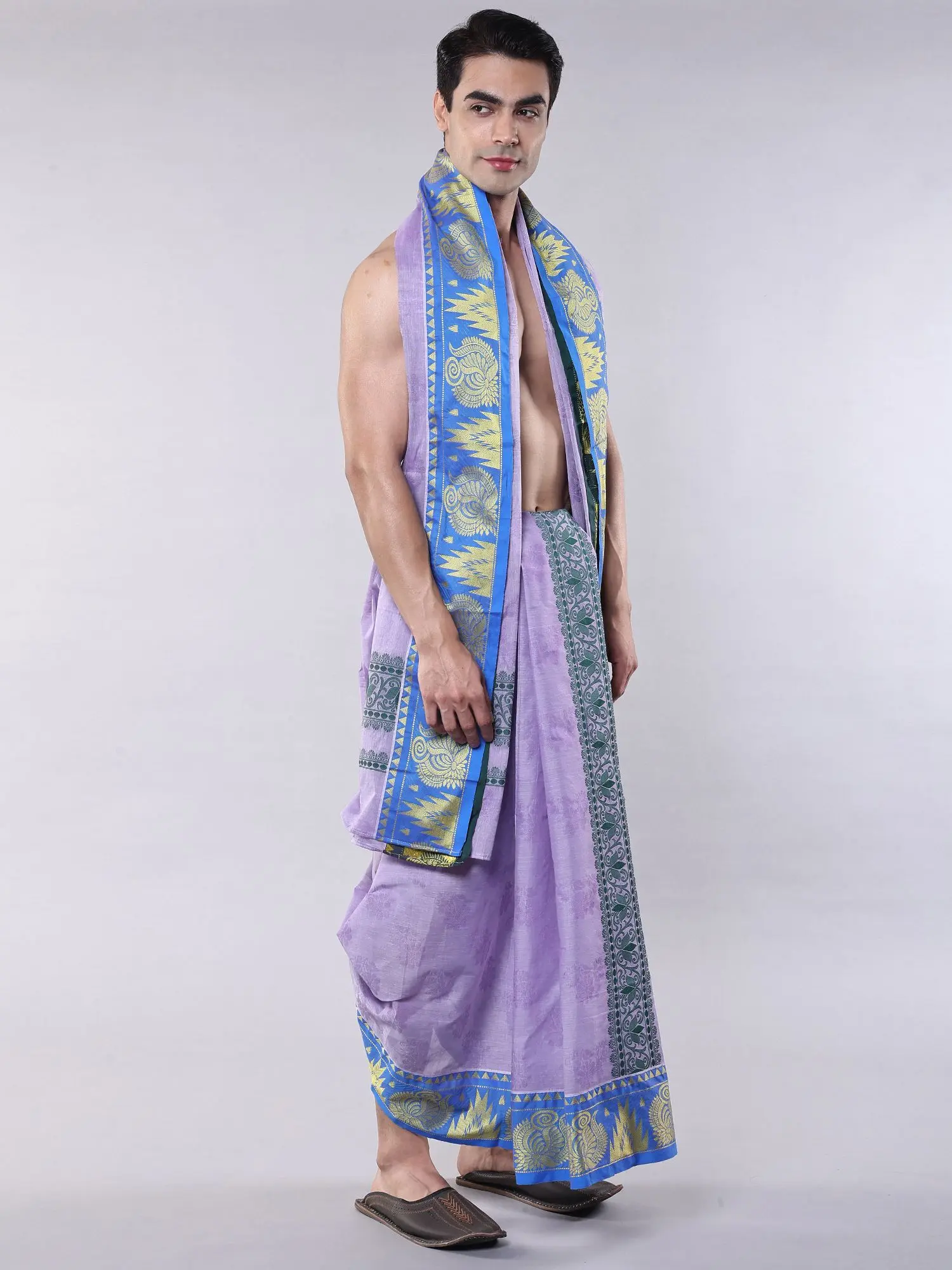 Lavender-Blue Tempe Border Dhoti and Angavastram Set with All-Over Floral Weave, alternate view