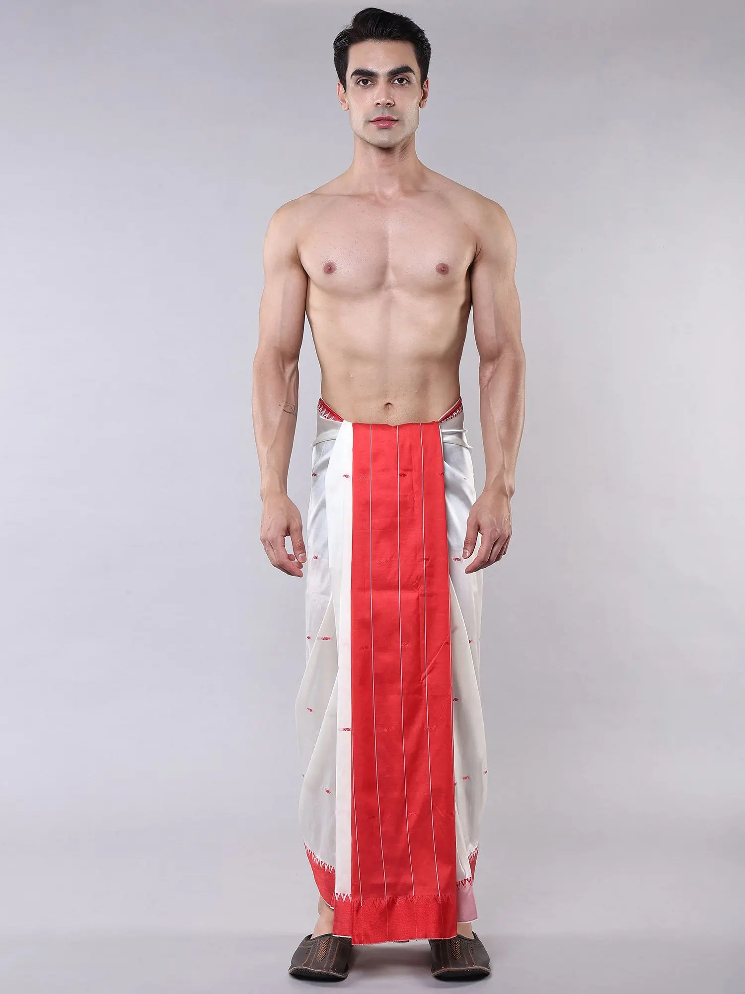 Ivory Dhoti with Woven Bootis and Contrast Wide Border
