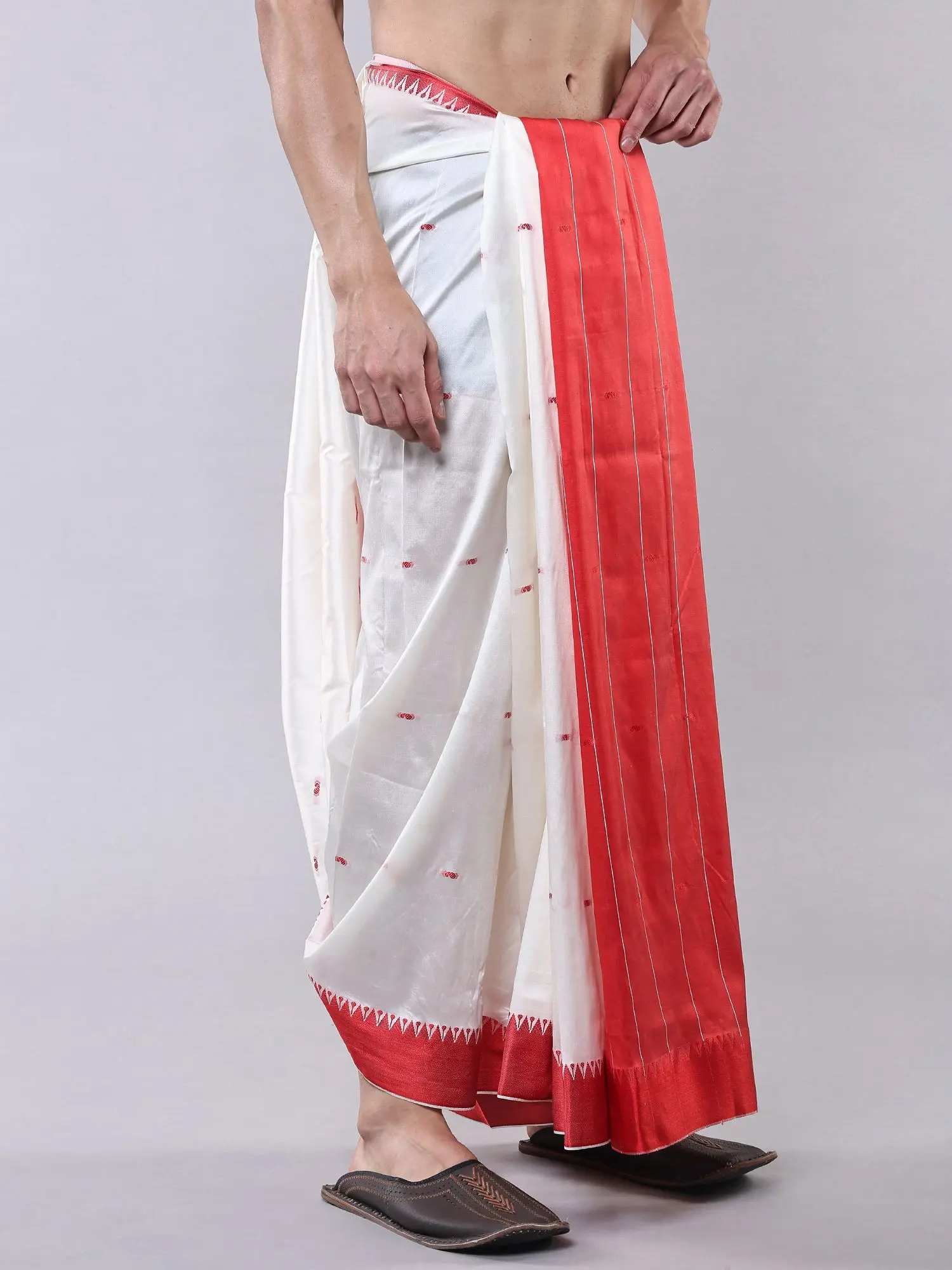 Ivory Dhoti with Woven Bootis and Contrast Wide Border, alternate view