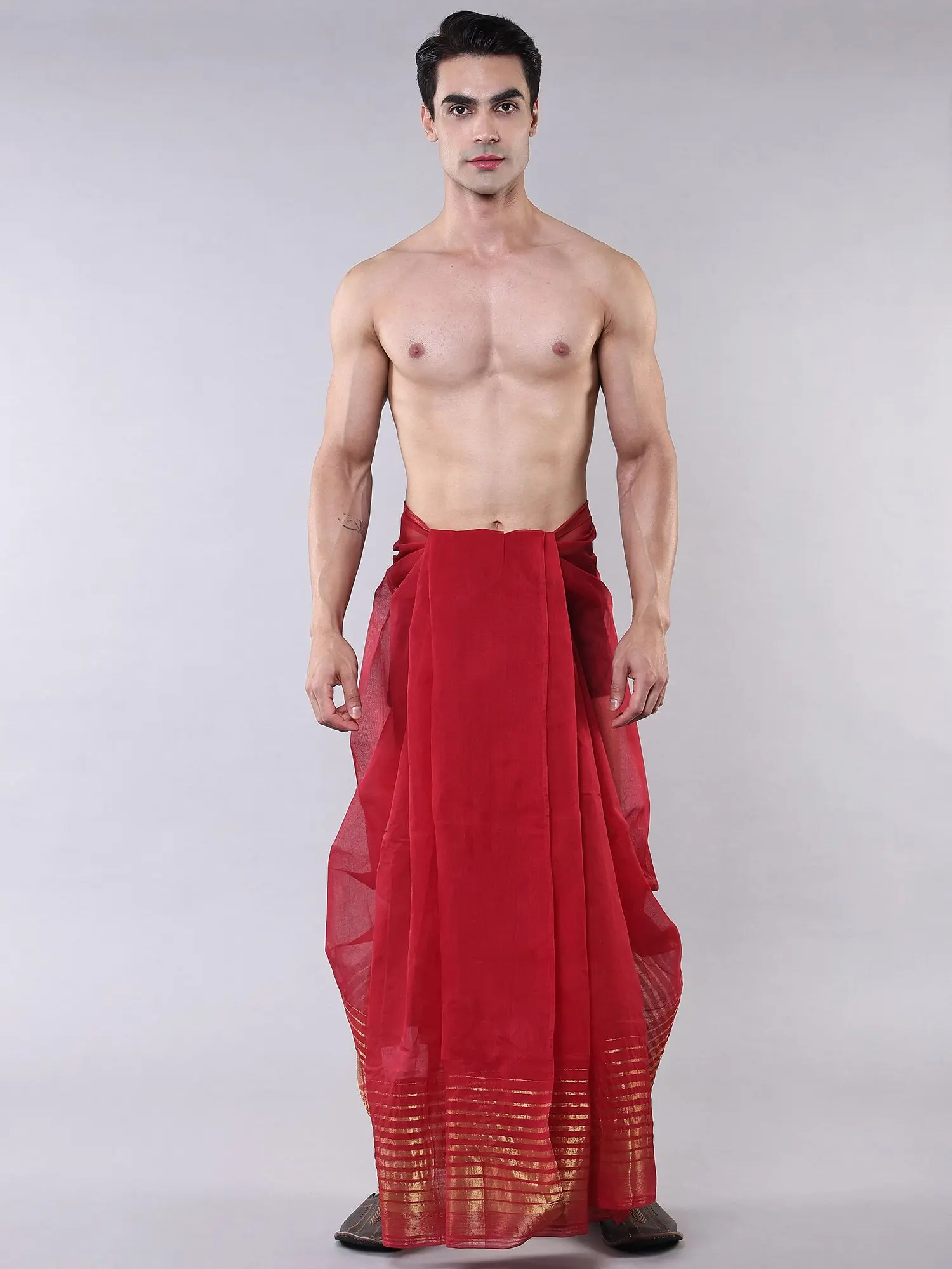 Jester-Red Cotton Dhoti and Zari Woven Stripes Border