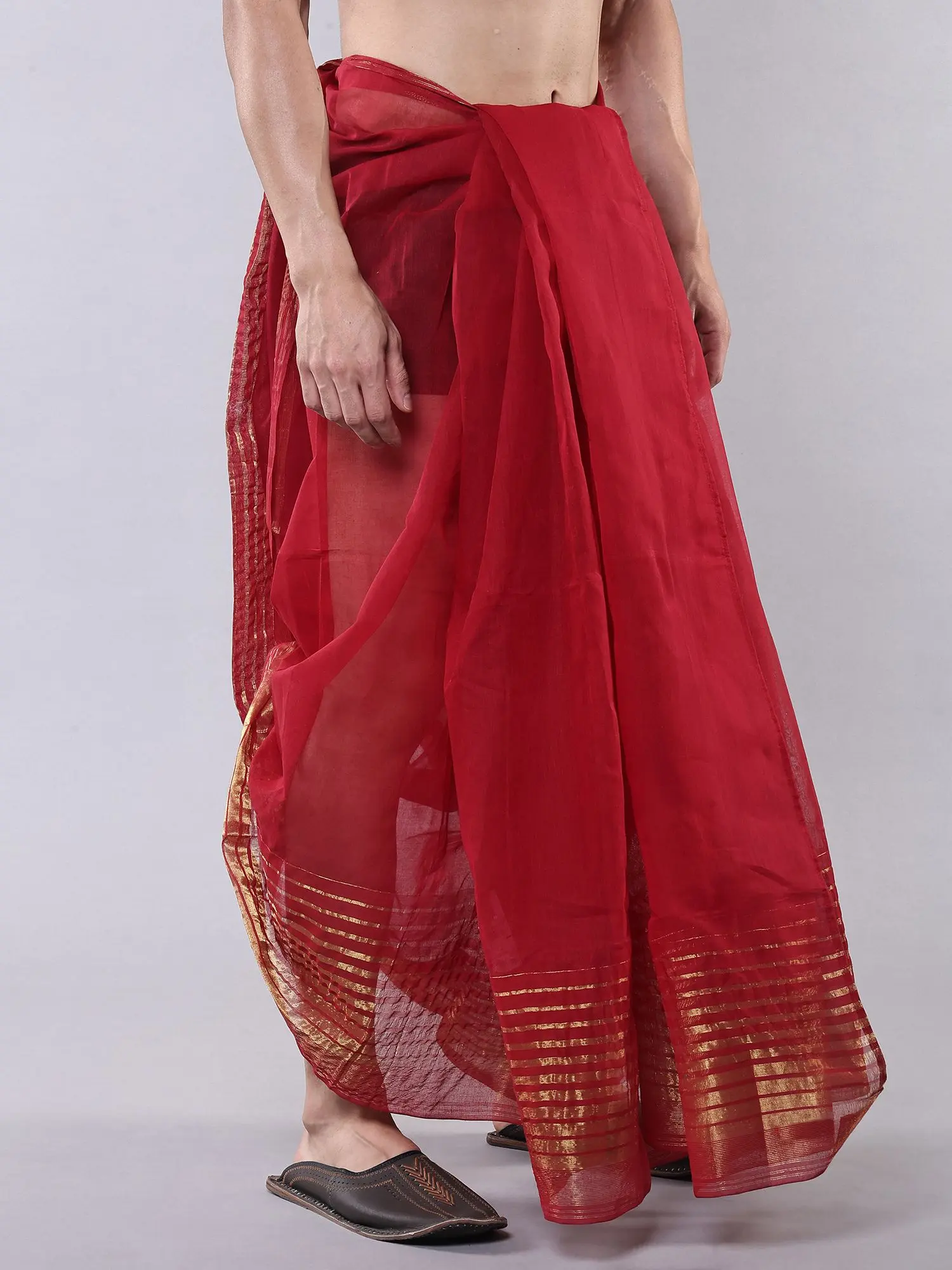 Jester-Red Cotton Dhoti and Zari Woven Stripes Border, alternate view