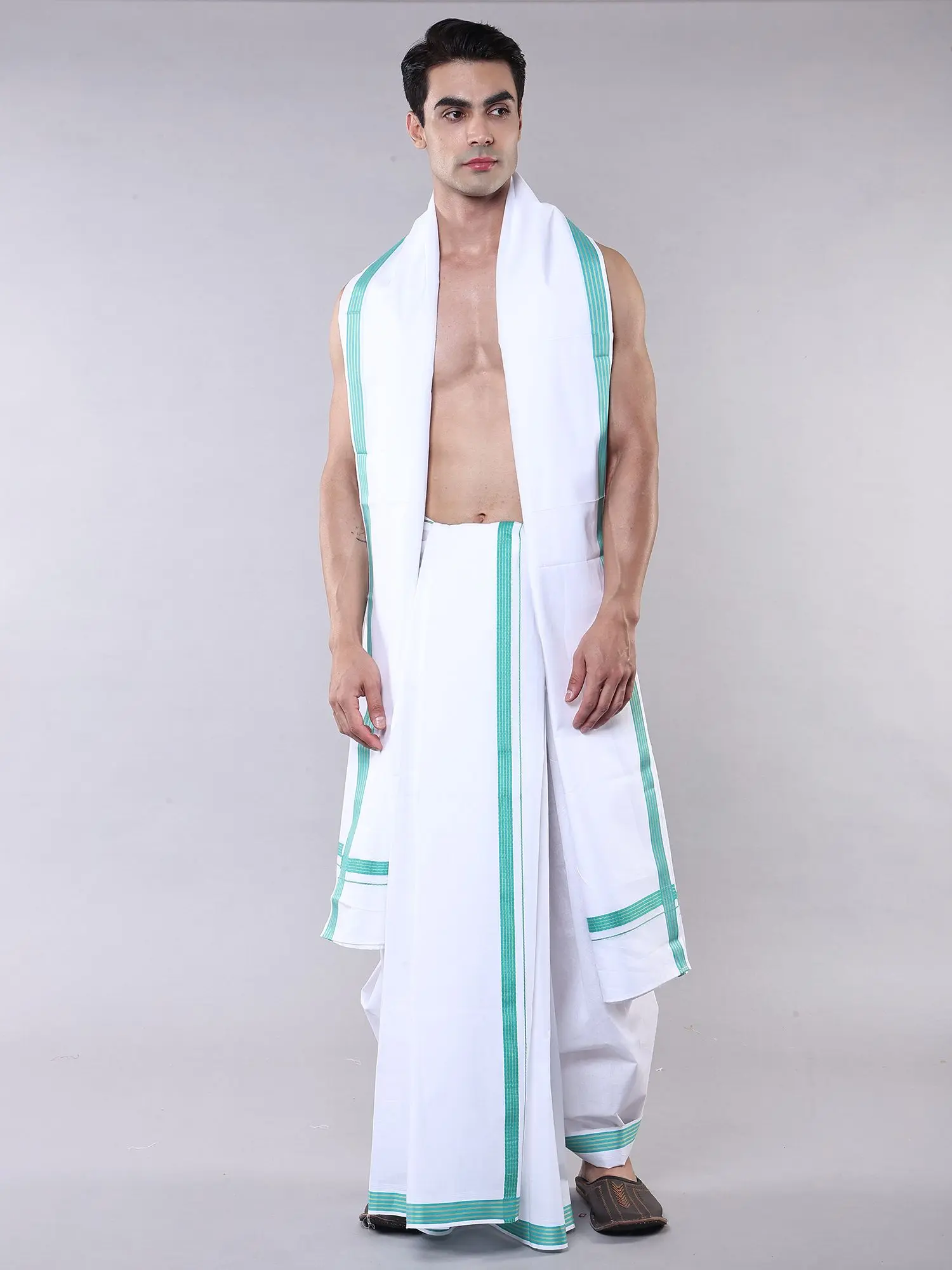 Bright-White Pure Cotton Dhoti with Angavastram Set and Woven Striped Border