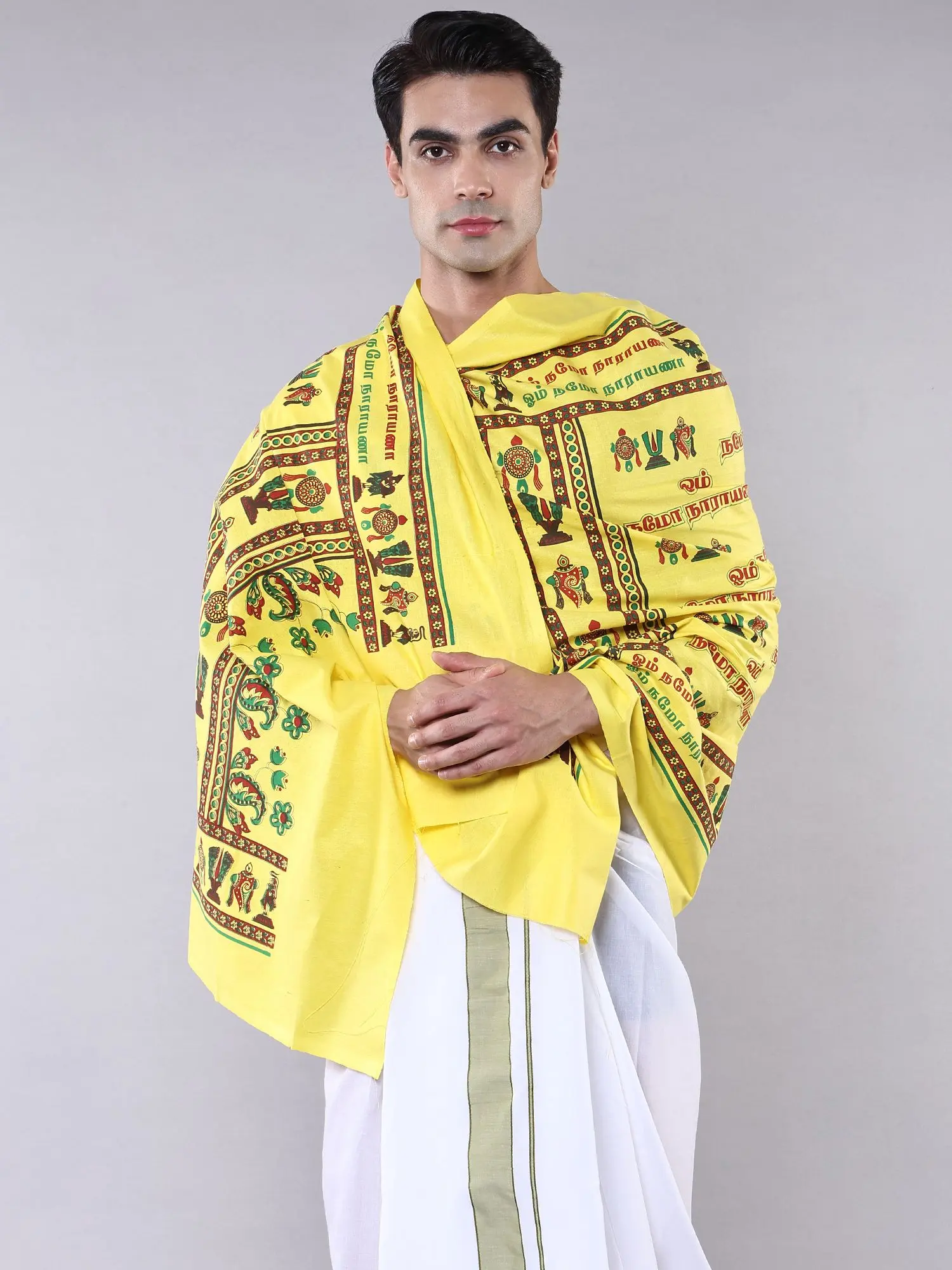 Vibrant-Yellow Om Namo Narayana Prayer Shawl with Vaishnava Symbols
