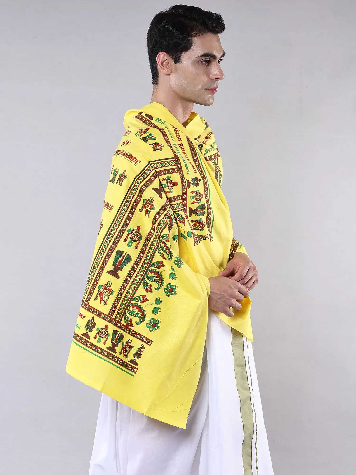 Vibrant-Yellow Om Namo Narayana Prayer Shawl with Vaishnava Symbols, alternate view