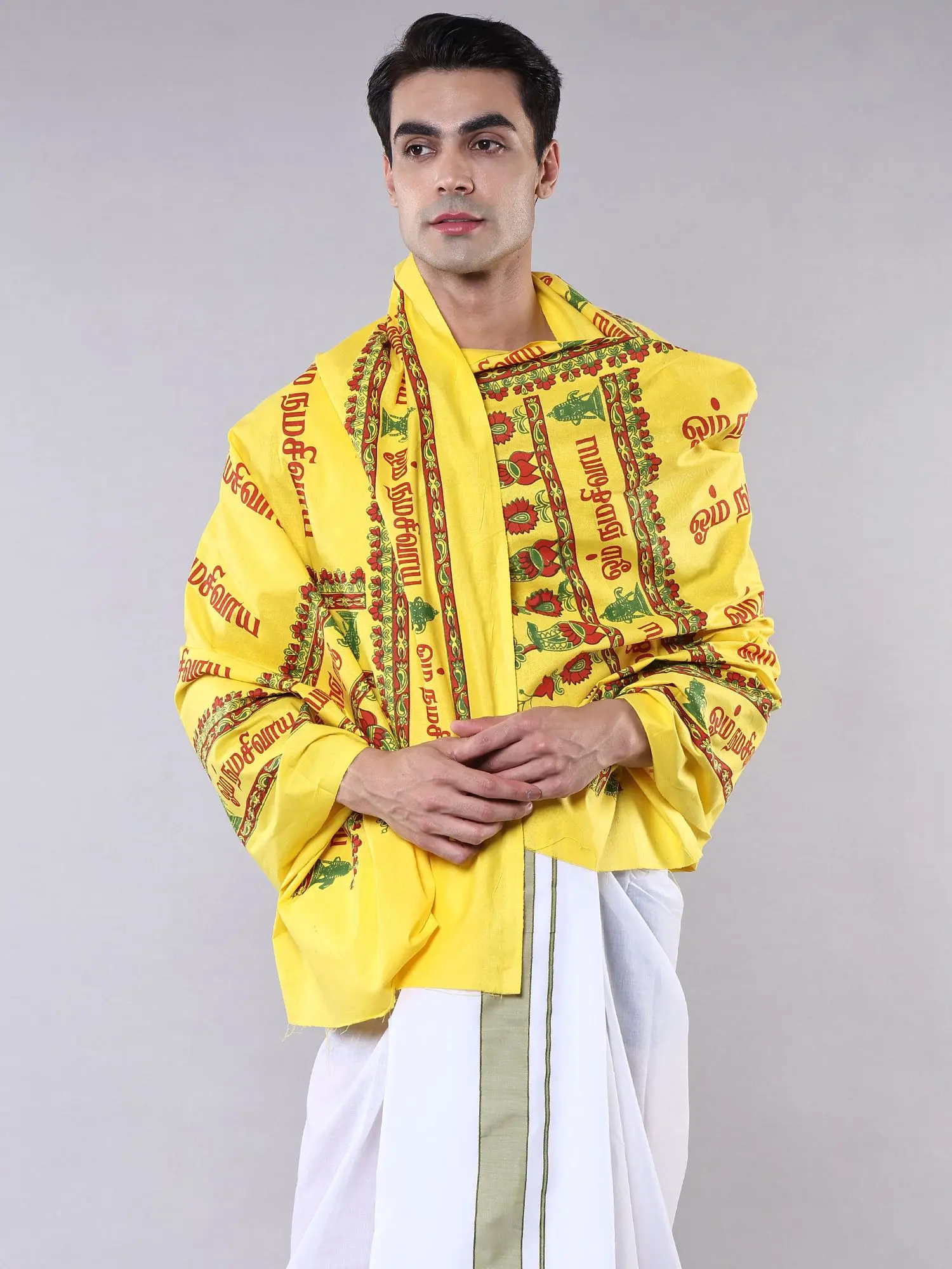 Minion-Yellow Shivalinga Prayer Shawl with Printed Om Namah Shivaya Mantra
