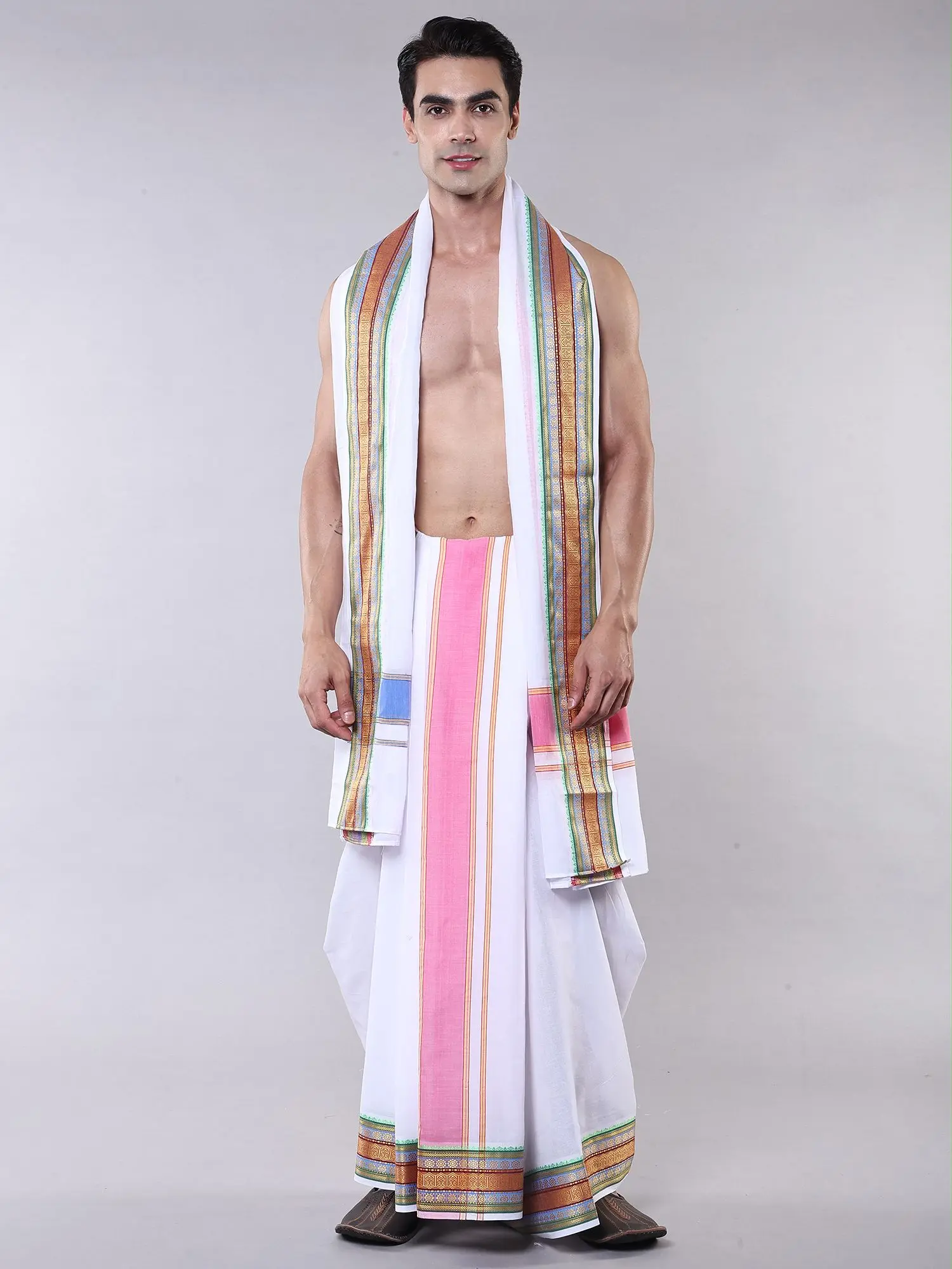 Star-White Pure Cotton Dhoti with Angavastram Set and Multicolor Thread woven Border