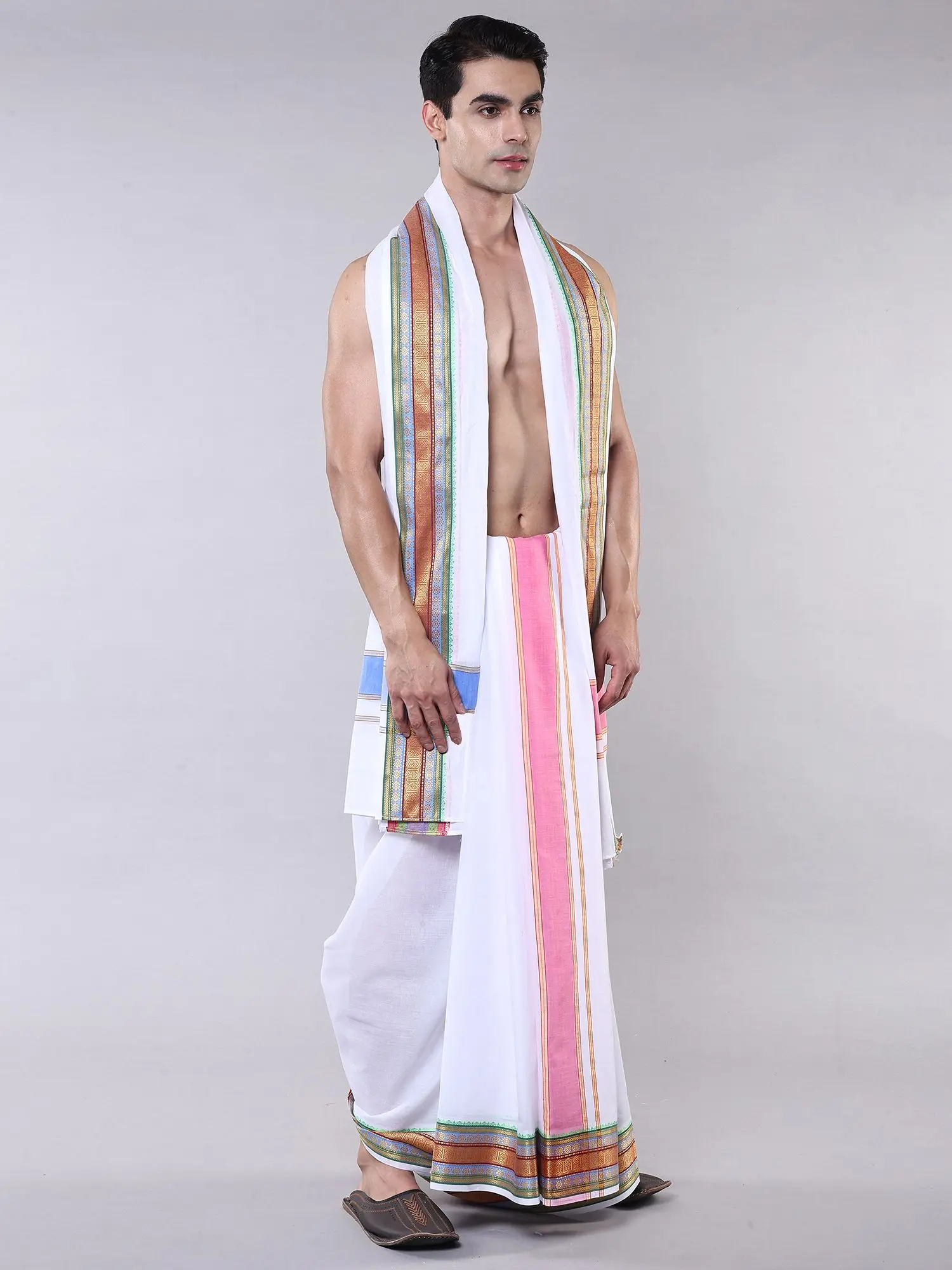 Star-White Pure Cotton Dhoti with Angavastram Set and Multicolor Thread woven Border, alternate view