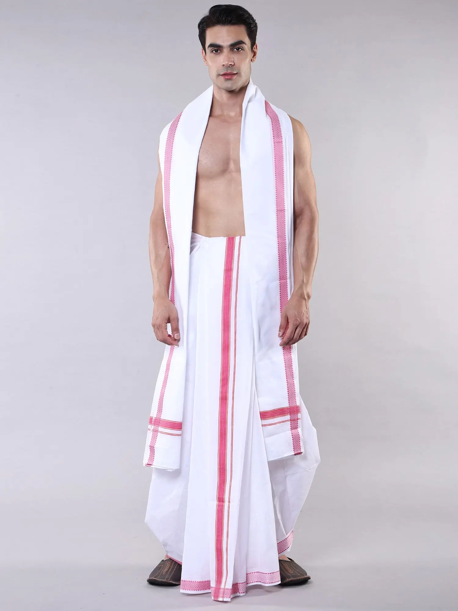 Star-White Pure Cotton Dhoti and Angavastram Set with Thread woven Border
