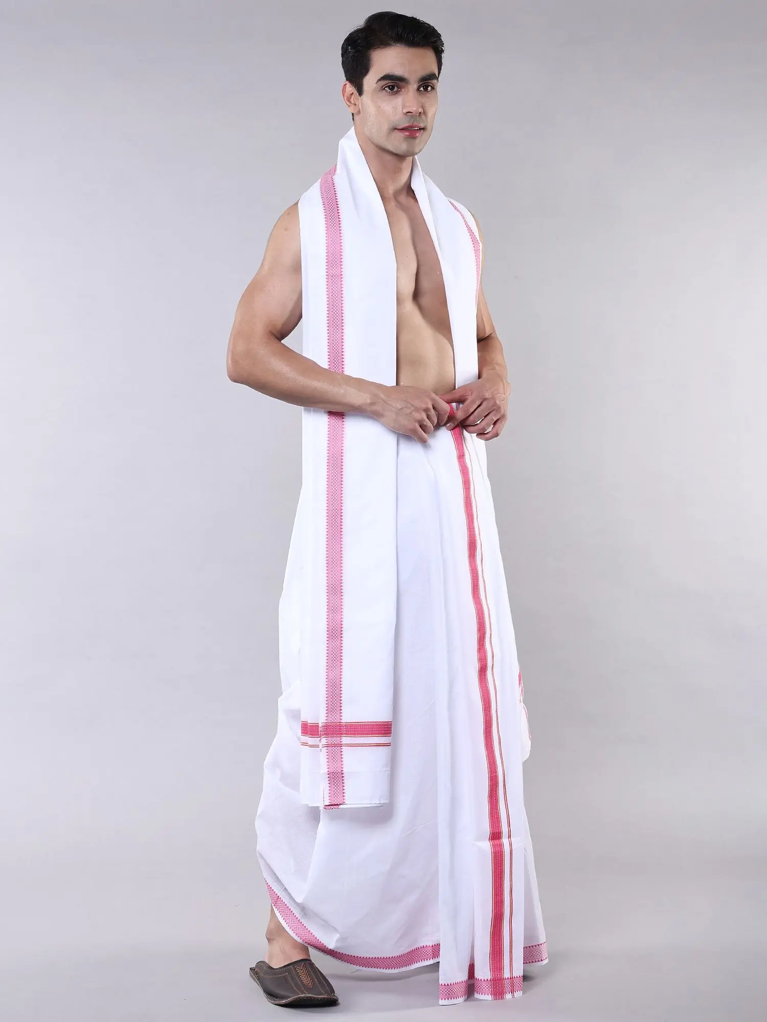 Star-White Pure Cotton Dhoti and Angavastram Set with Thread woven Border, alternate view