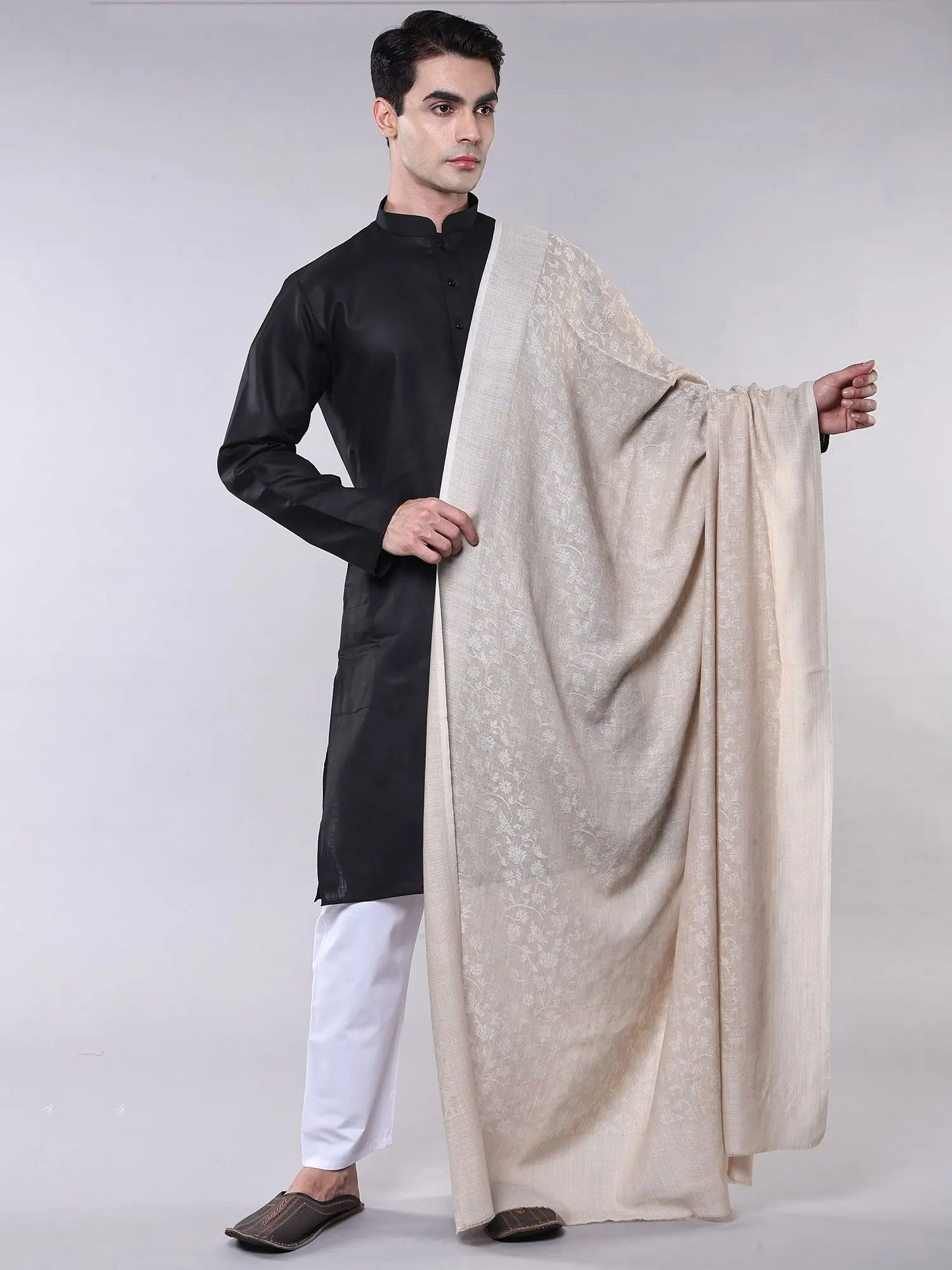 Whitecap-Gray Extra Wide Shawl from Amritsar with Floral Vine Weave on All-Over