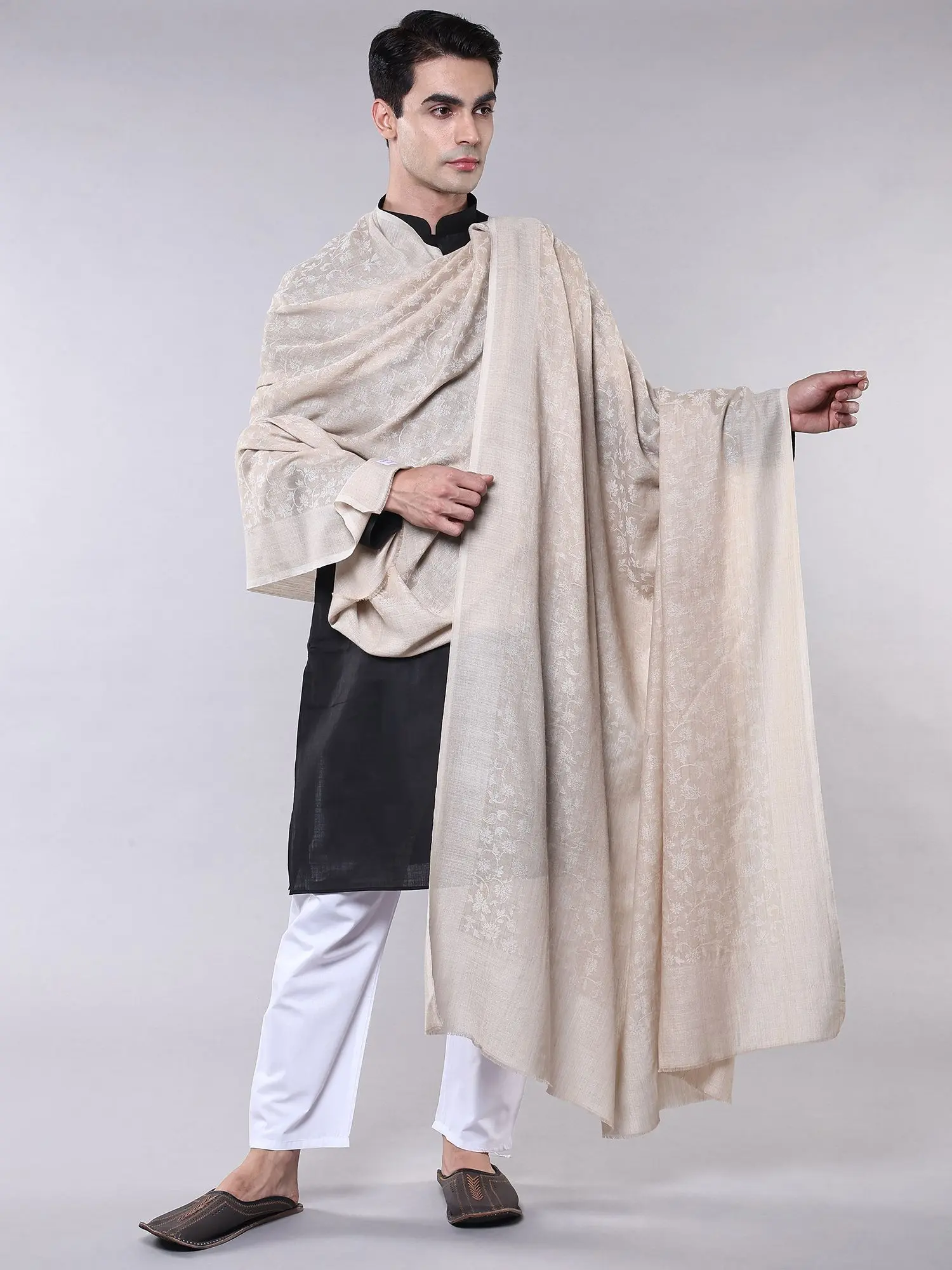 Whitecap-Gray Extra Wide Shawl from Amritsar with Floral Vine Weave on All-Over, alternate view