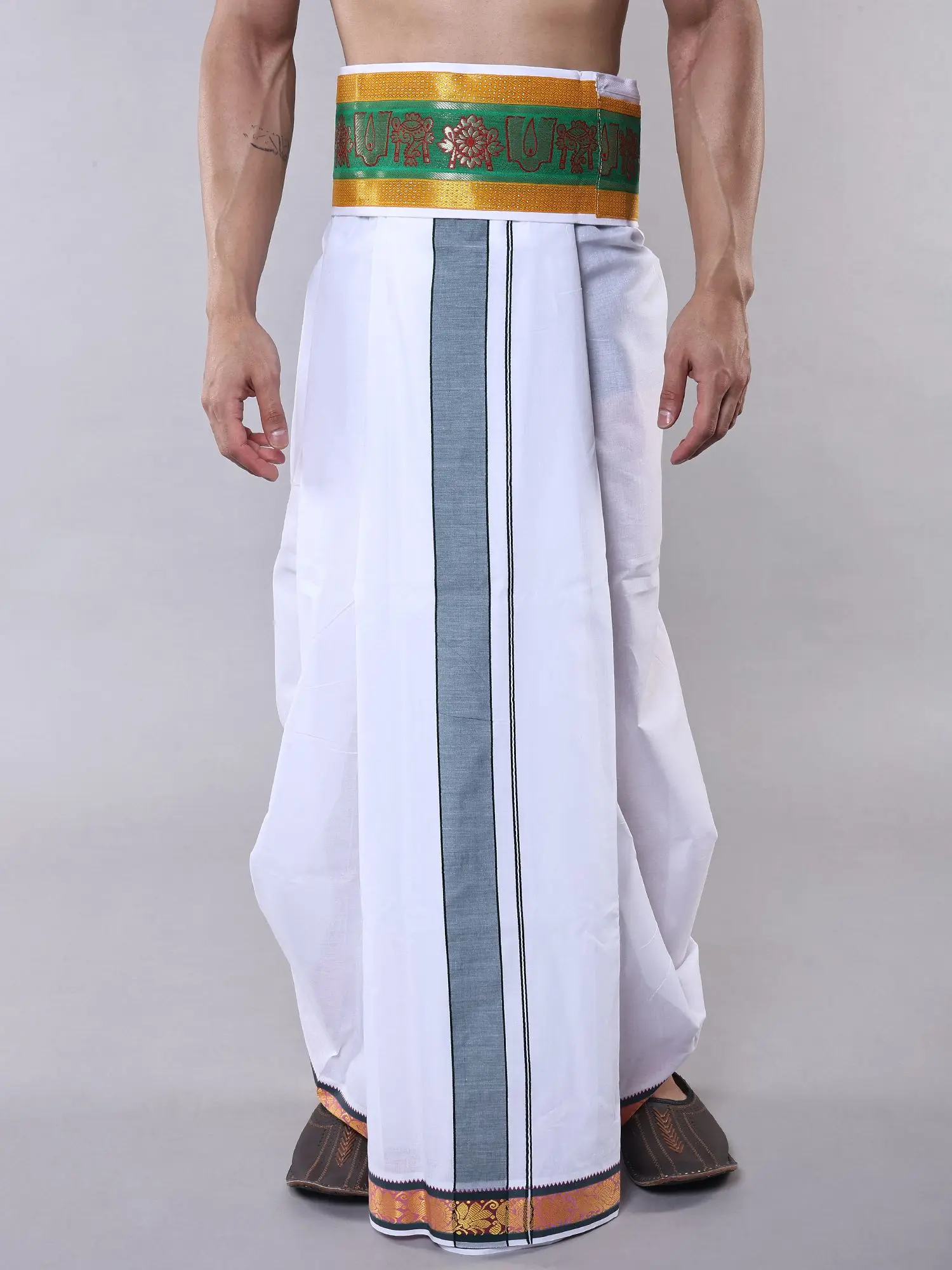 Vaishnava Symbols Dhoti Belt with Zip Pouch/Pocket and Zari Weave