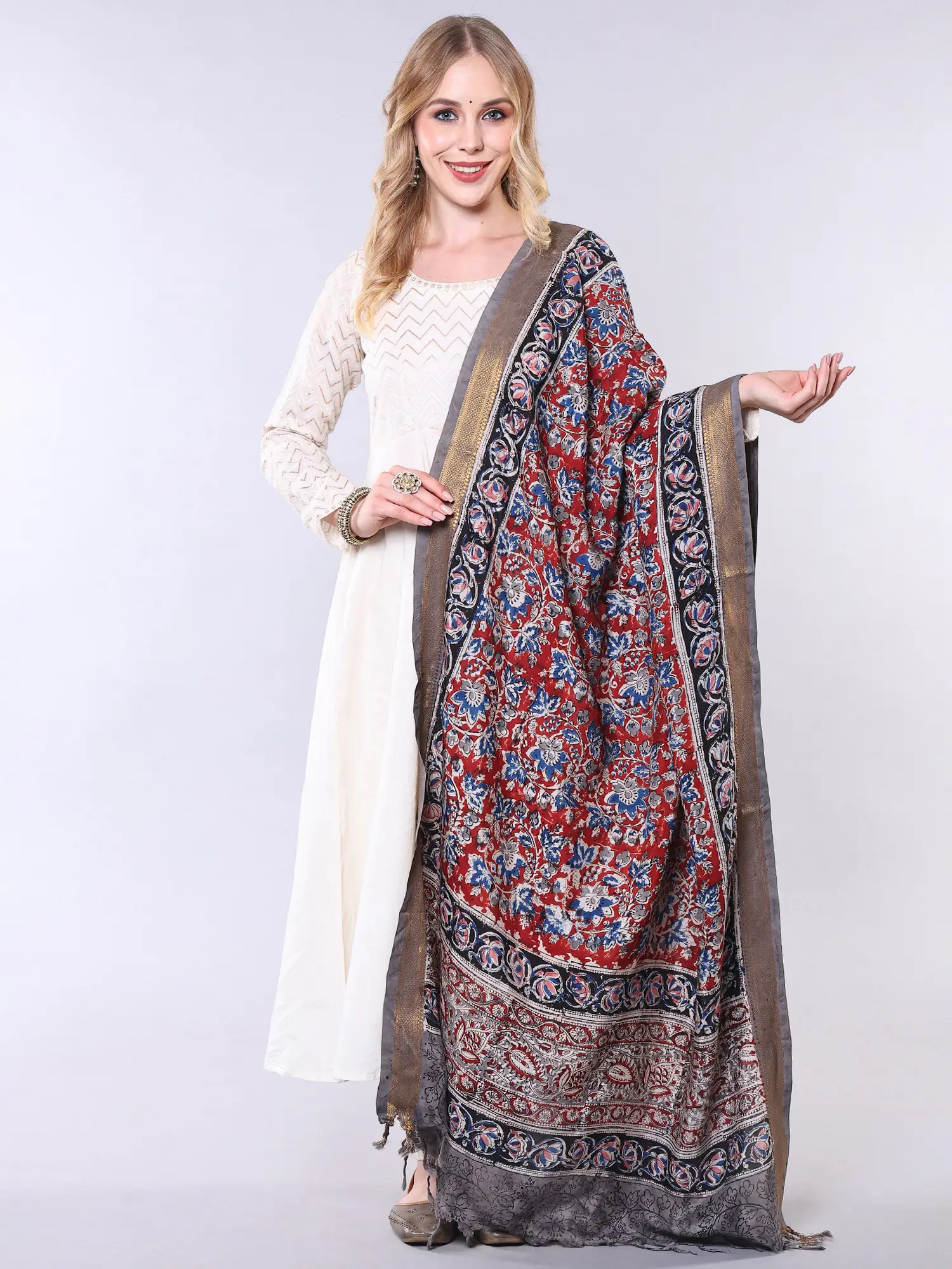 Kalamkari Dupatta from Telangana with Multicolor Floral Print All-over and Zari Border