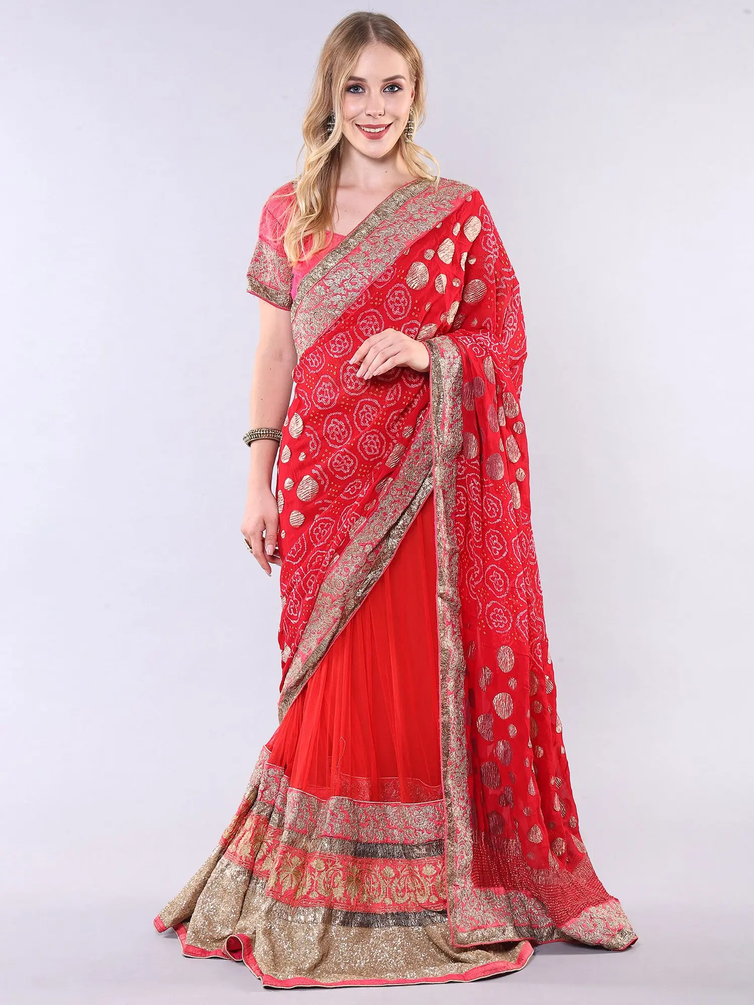 Vintage True-Red Bandhani Tie Dye Lehenga Saree with Zardozi Embroidered Patch Border and Sequins