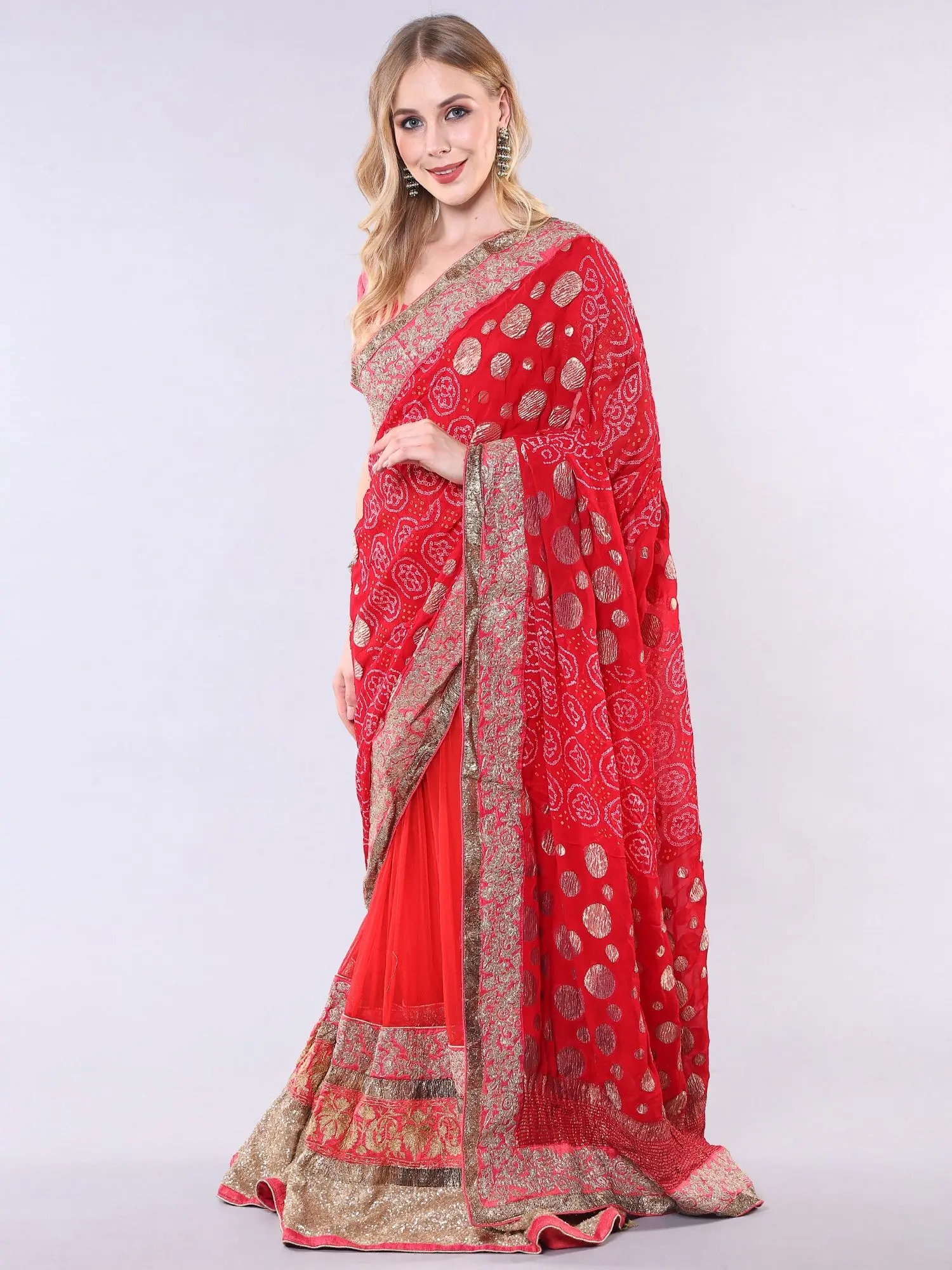 Vintage True-Red Bandhani Tie Dye Lehenga Saree with Zardozi Embroidered Patch Border and Sequins, alternate view