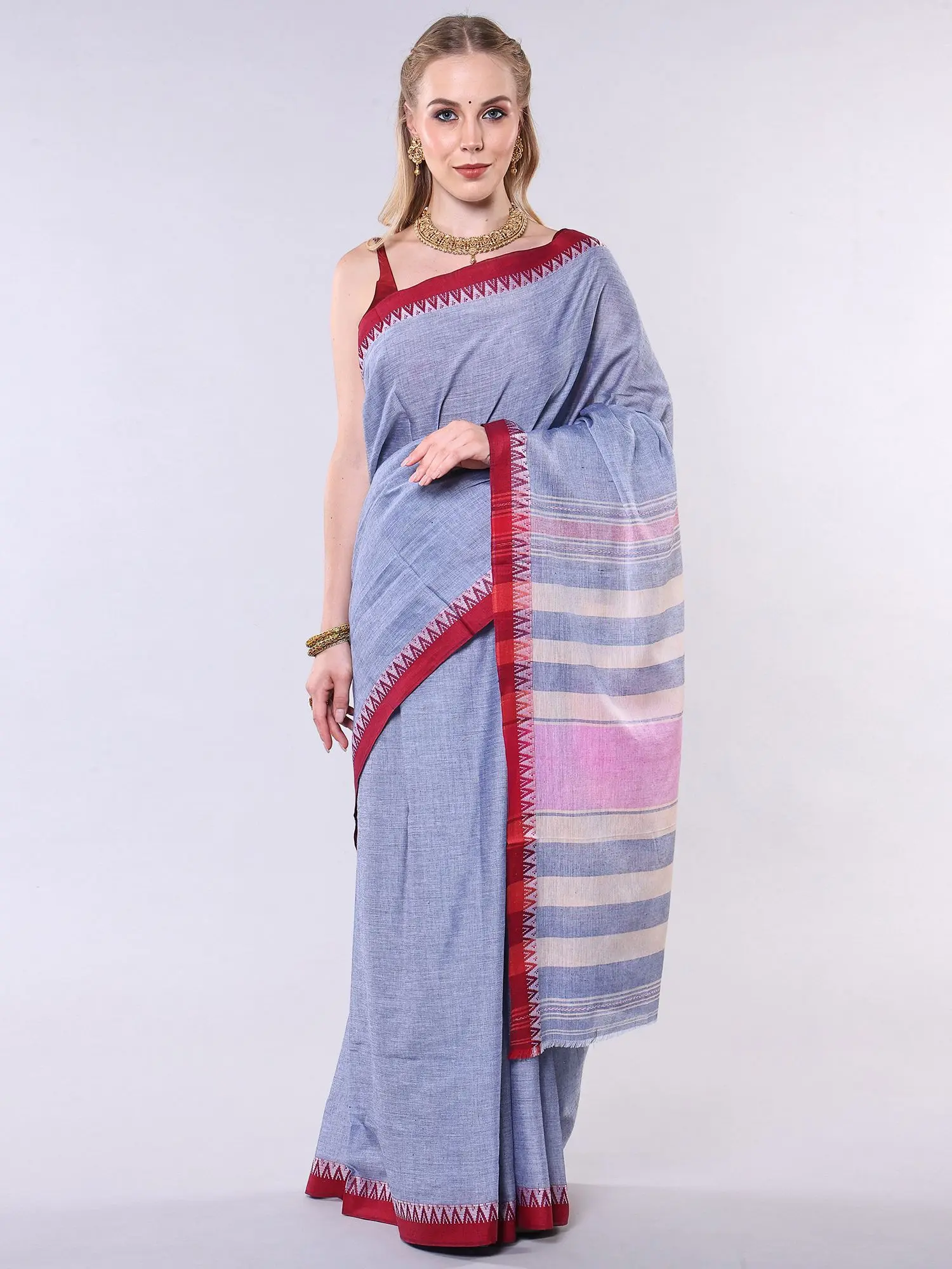 Gray-Dawn Woven Temple Border Saree with Striped Pallu from Bengal