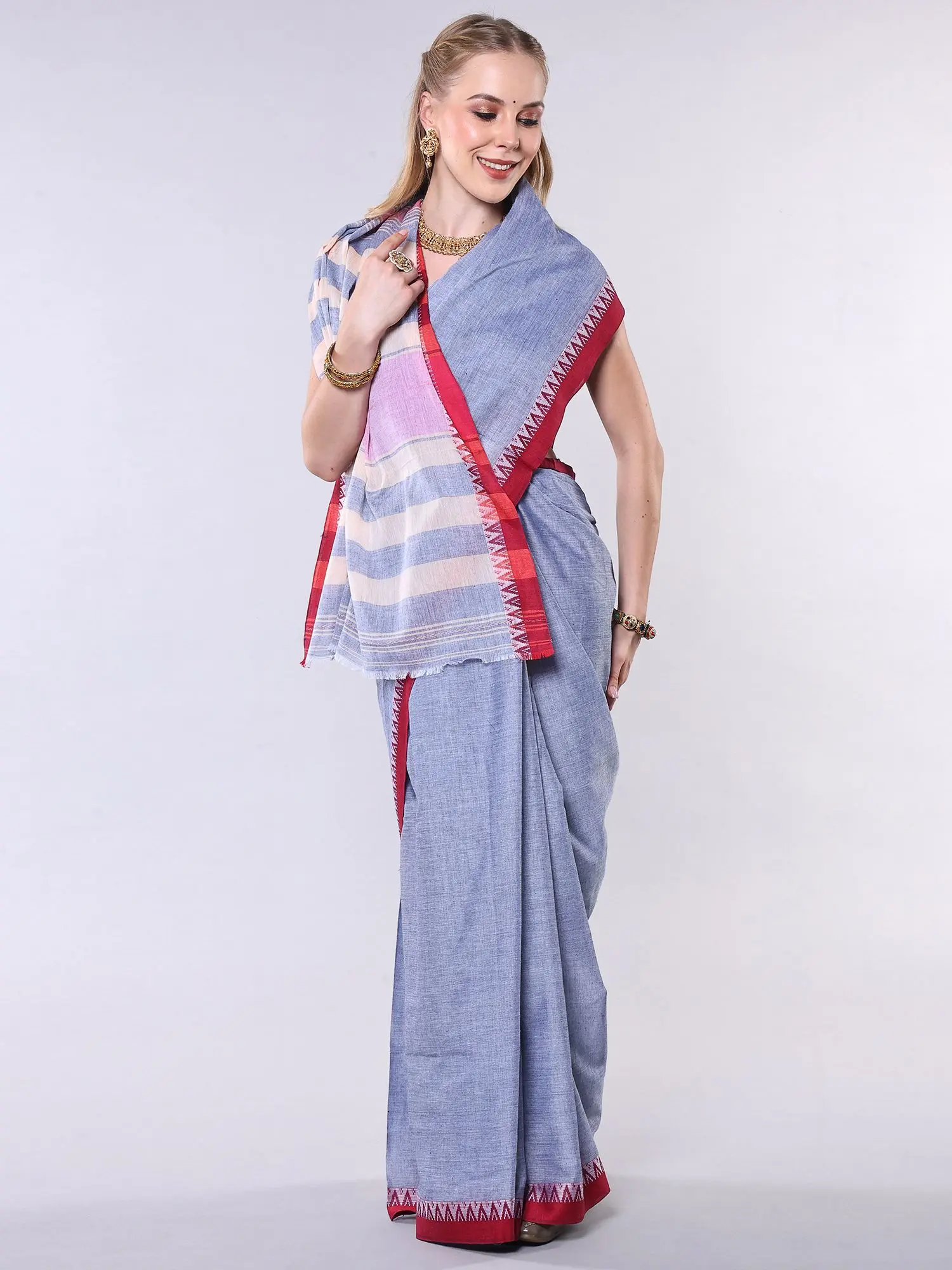 Gray-Dawn Woven Temple Border Saree with Striped Pallu from Bengal, alternate view