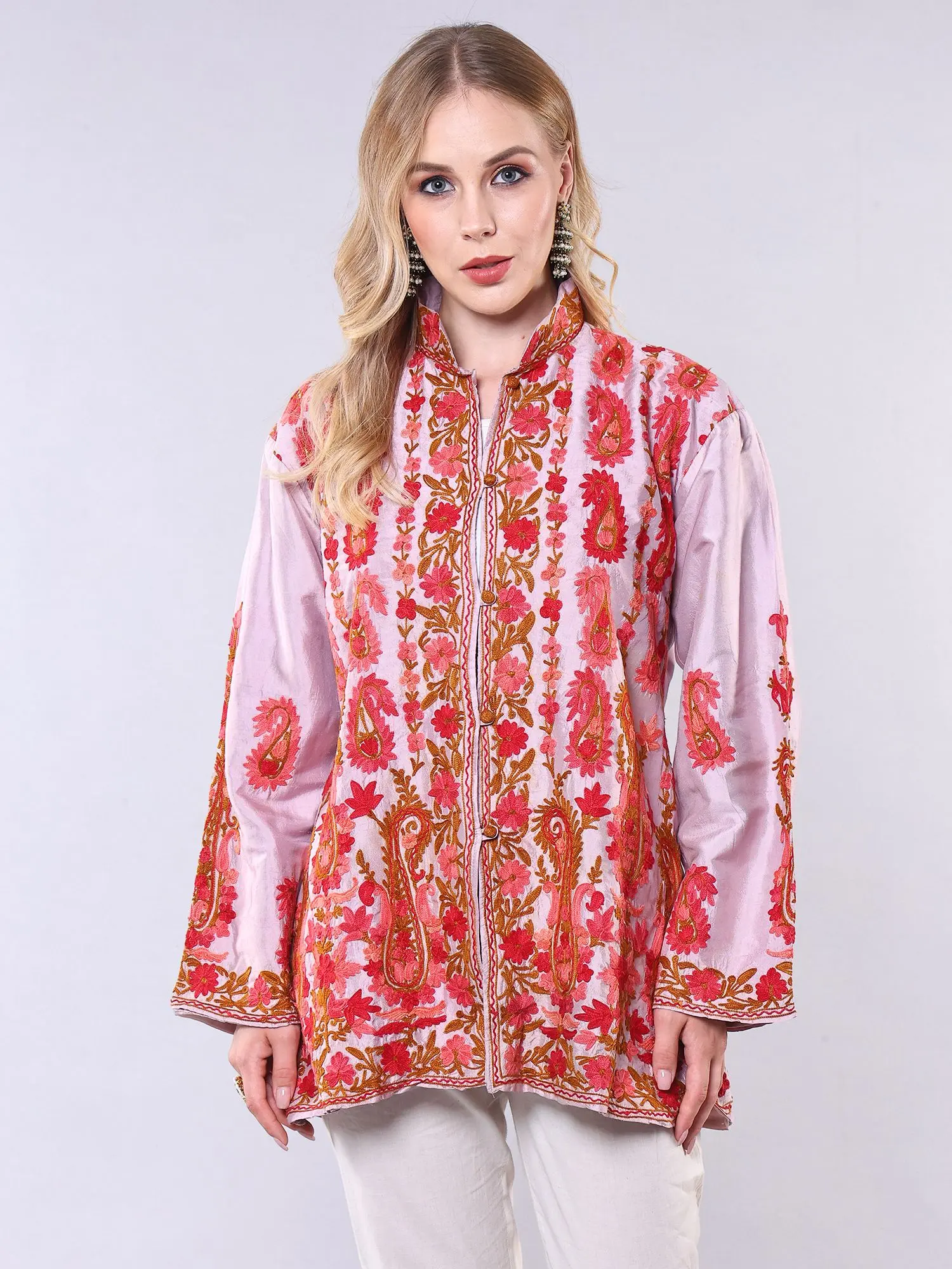 Orchid-Ice Pure Silk Short Jacket from Srinagar with Hand-Embroidered Flowers and Paisleys