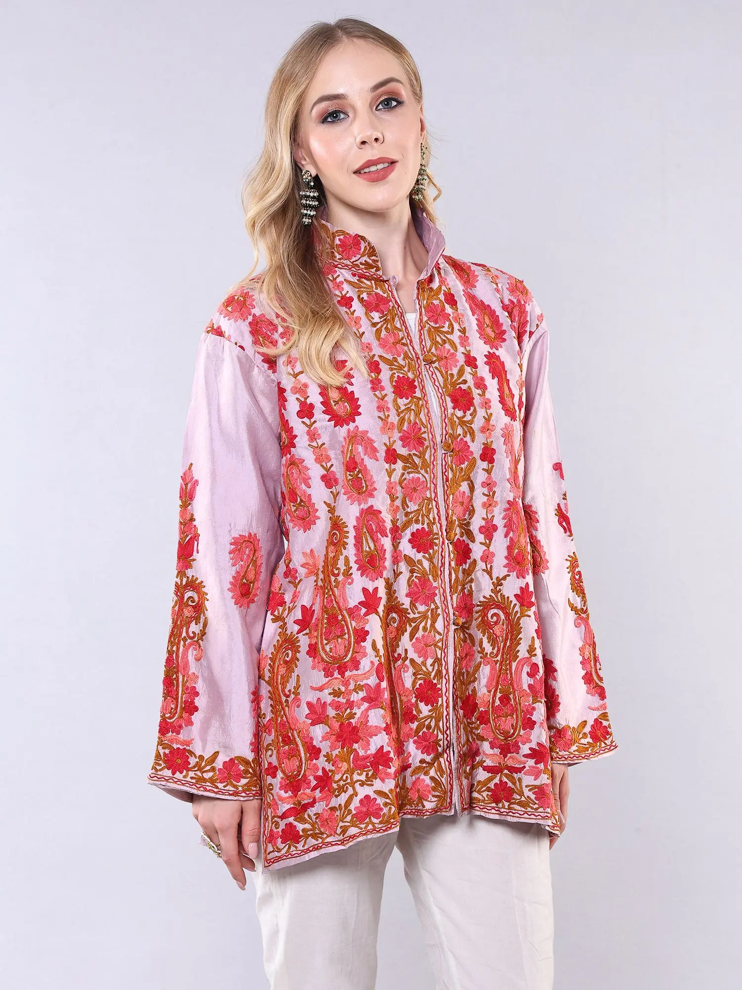 Orchid-Ice Pure Silk Short Jacket from Srinagar with Hand-Embroidered Flowers and Paisleys, alternate view