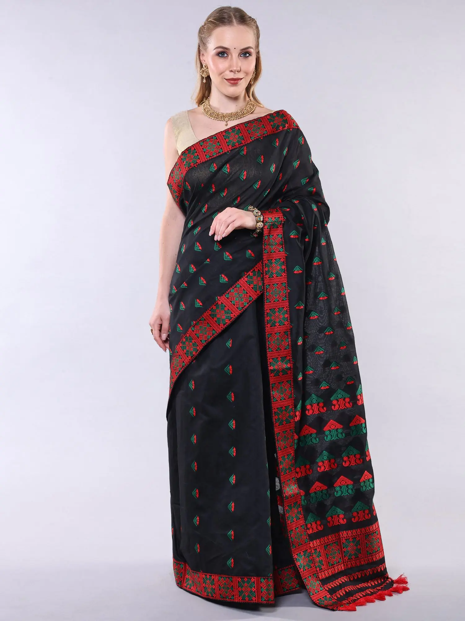 Black-Olive Cotton Saree with Thread woven Traditional Assamese Motifs and Patch Border