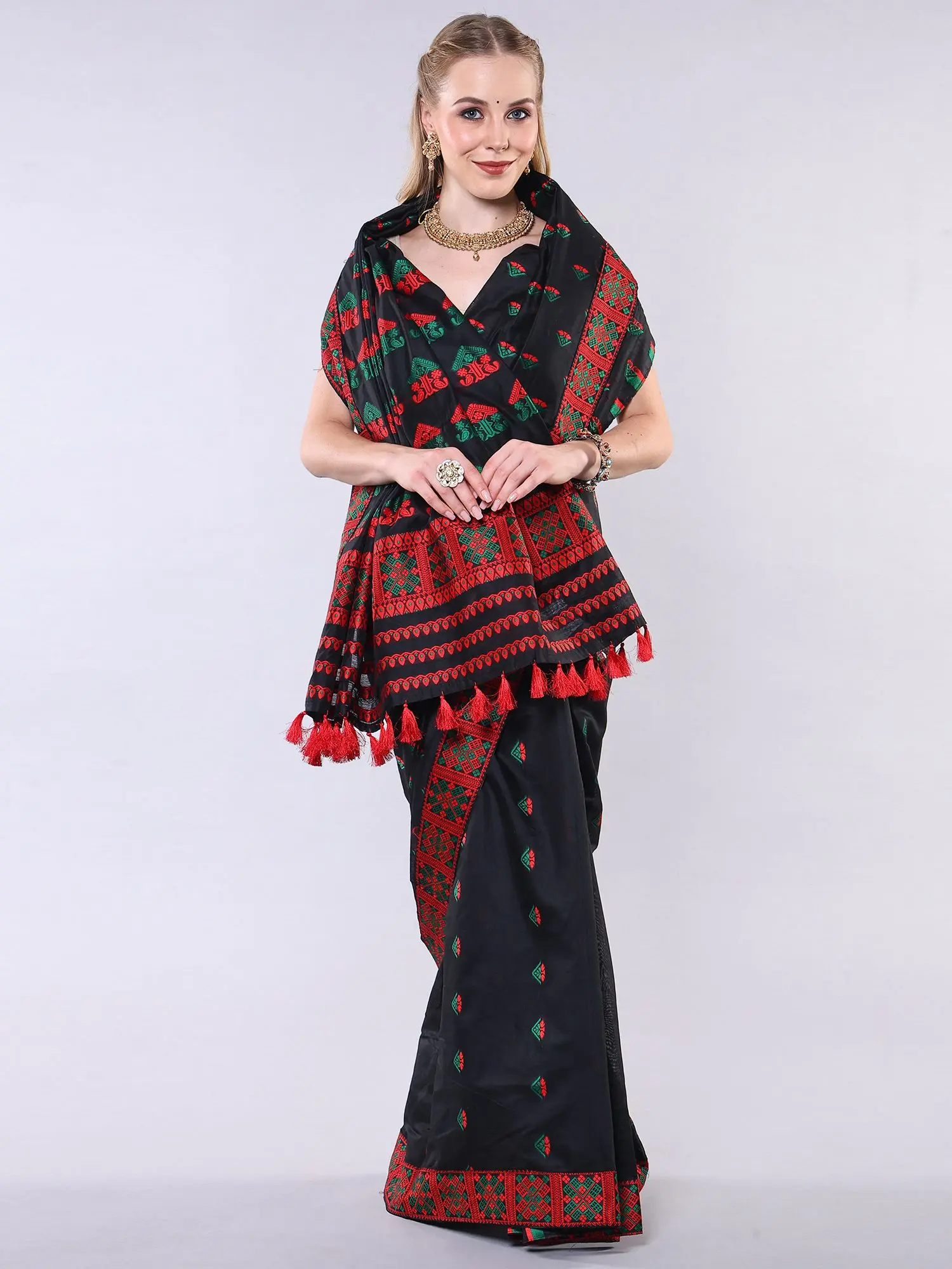Black-Olive Cotton Saree with Thread woven Traditional Assamese Motifs and Patch Border, alternate view