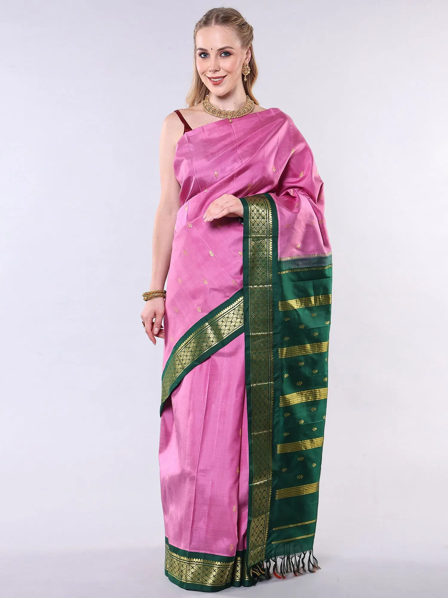 Moolite-Mauve Woven Bootis Pure Silk Saree with Zari weave Contrast Border-Pallu