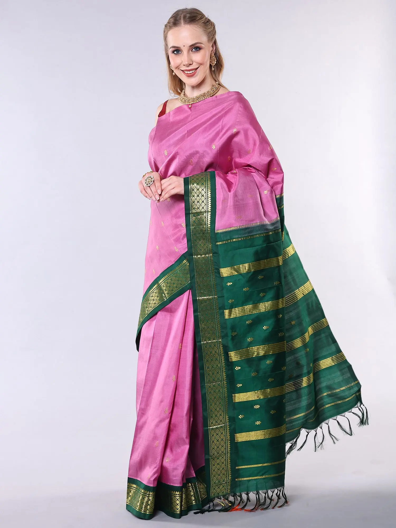 Moolite-Mauve Woven Bootis Pure Silk Saree with Zari weave Contrast Border-Pallu, alternate view