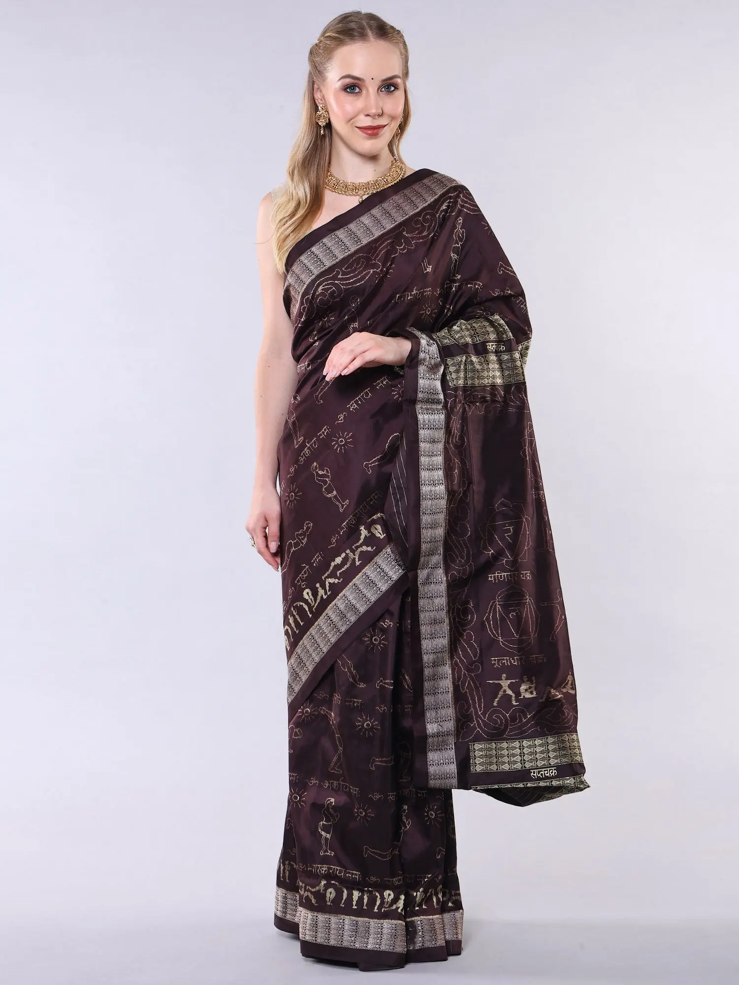 Seal-Brown Pure Silk Real Silver Work Sambalpuri Saree with Woven Surya Namaskar Mantras-Yoga Mudra and Fish Border from Odisha