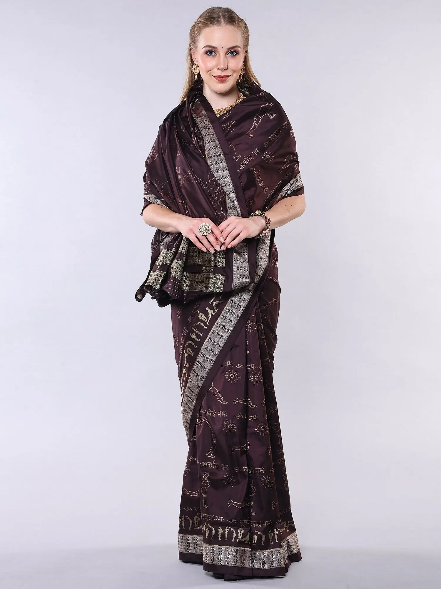 Seal-Brown Pure Silk Real Silver Work Sambalpuri Saree with Woven Surya Namaskar Mantras-Yoga Mudra and Fish Border from Odisha, alternate view