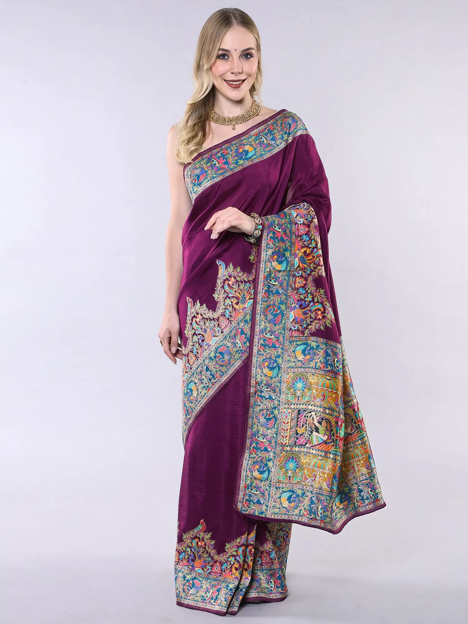 Wild-Aster Saree from Bangalore with Multicolor Thread Kashmiri weaving Peacocks-Elephants Border