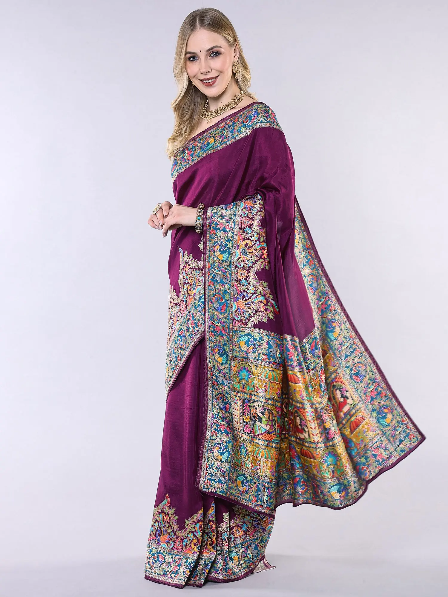 Wild-Aster Saree from Bangalore with Multicolor Thread Kashmiri weaving Peacocks-Elephants Border, alternate view