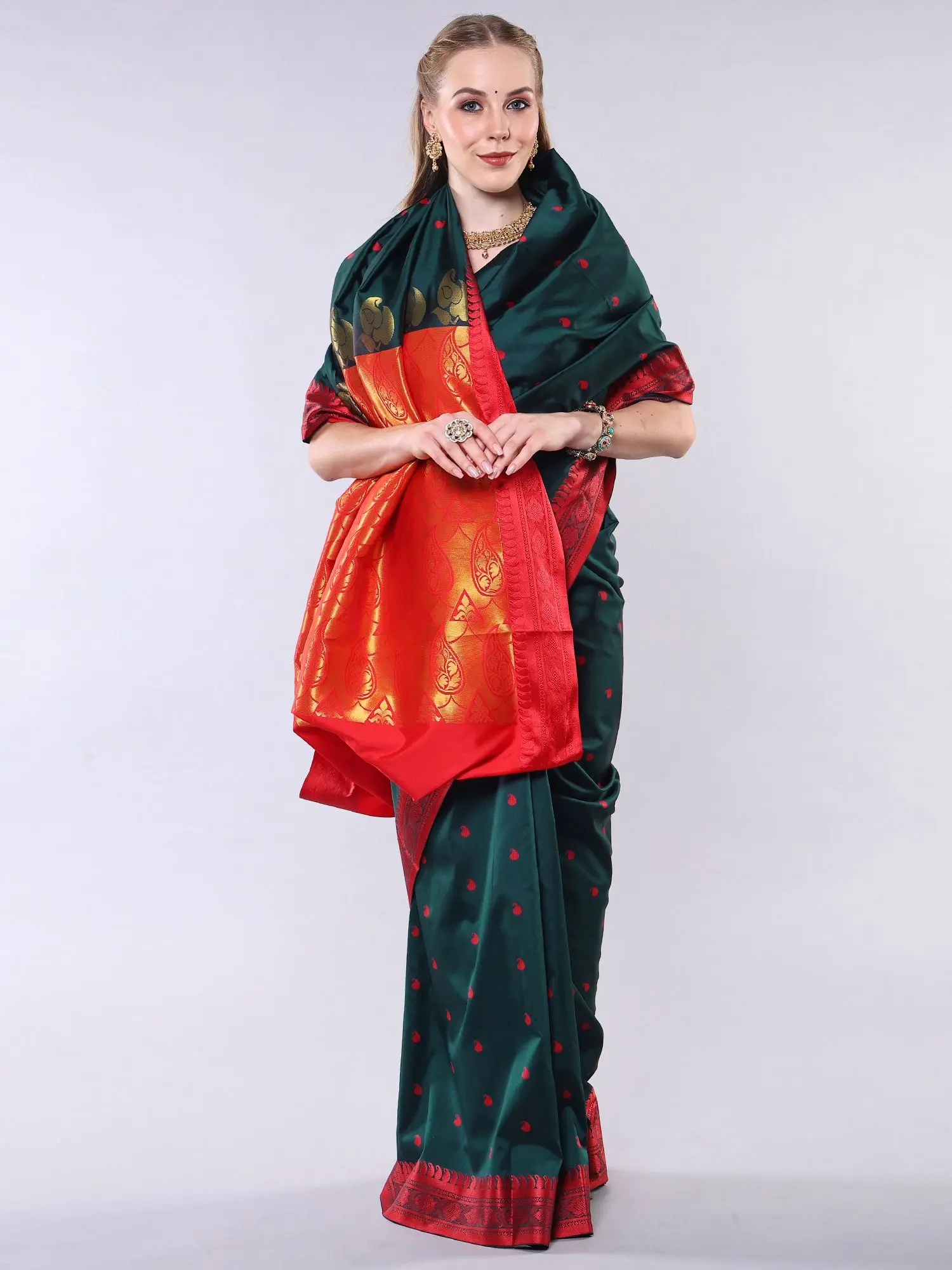 Mallard-Green Saree with Thread woven Contrast Border and Paisley Bootis from Banaras, alternate view