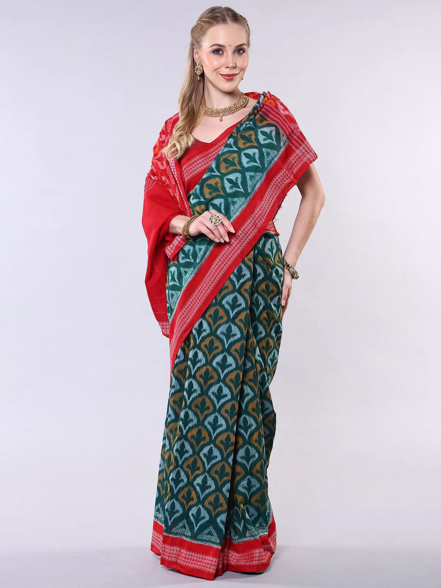 Antique-Green Pure Cotton Ikat Handloom Saree with Rudraksha Border from Sambalpur