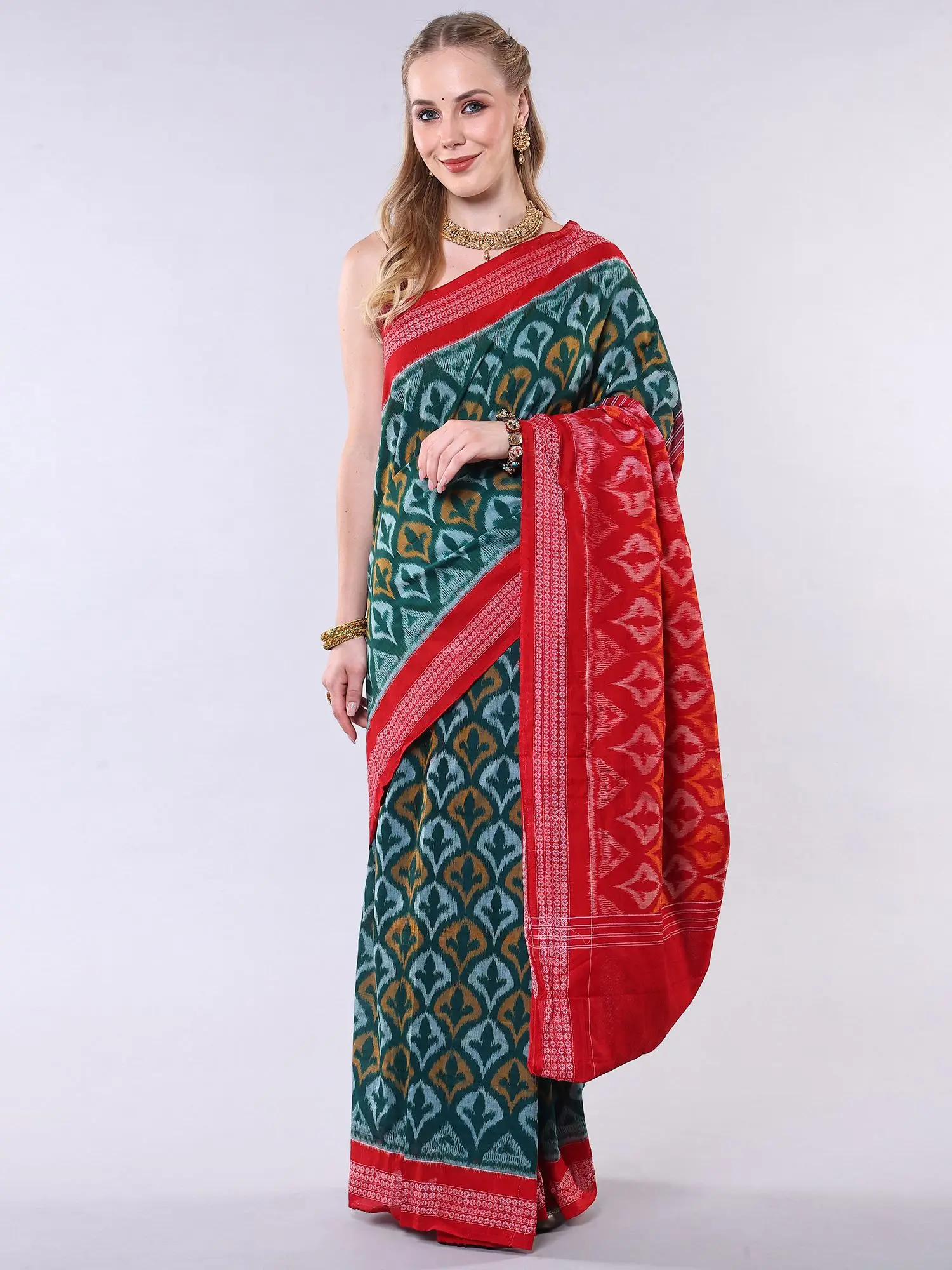 Antique-Green Pure Cotton Ikat Handloom Saree with Rudraksha Border from Sambalpur, alternate view