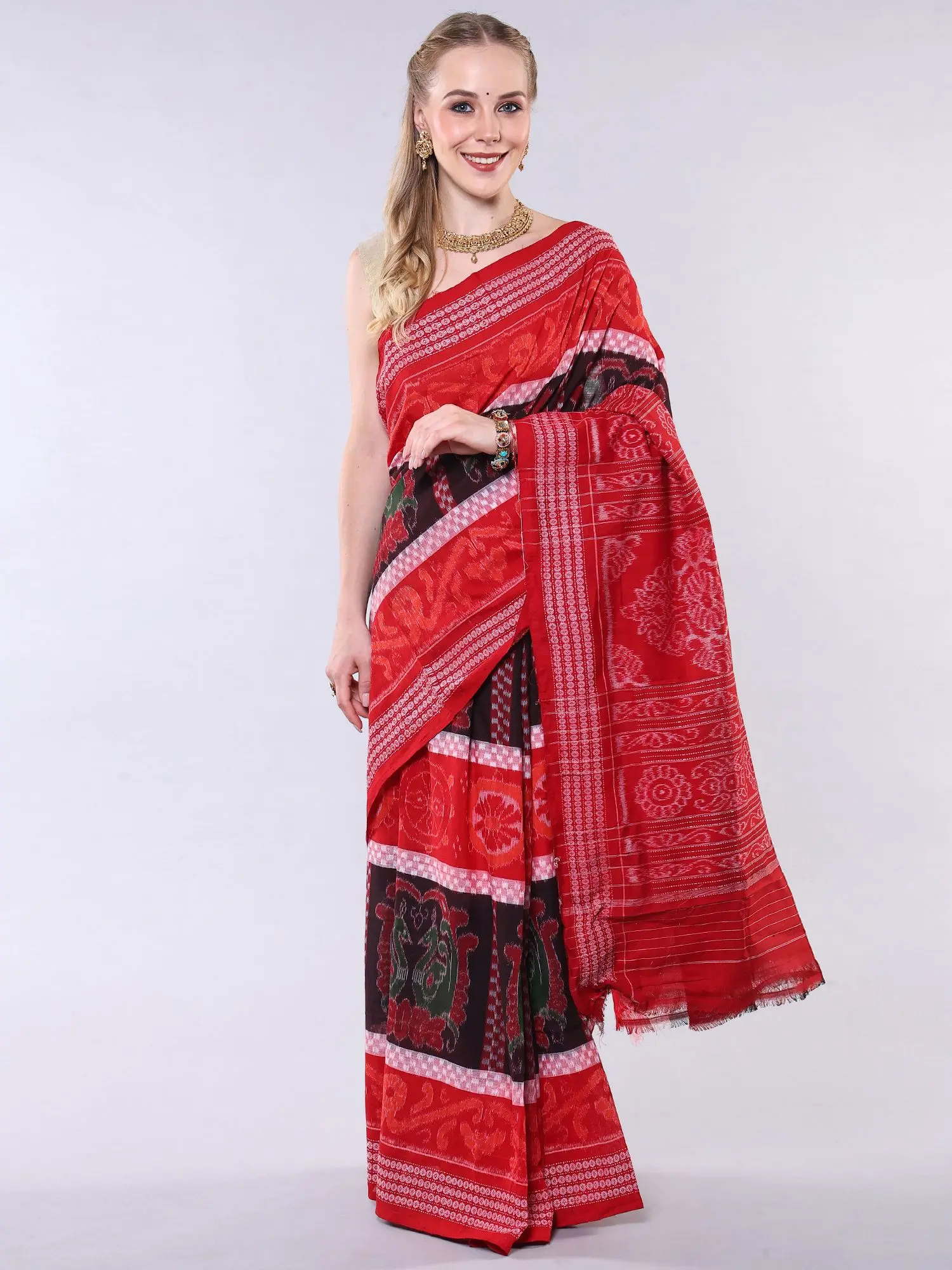Tri-Color Pure Cotton Ikat Saree with Woven Pair of Peacocks and Rudraksha Border