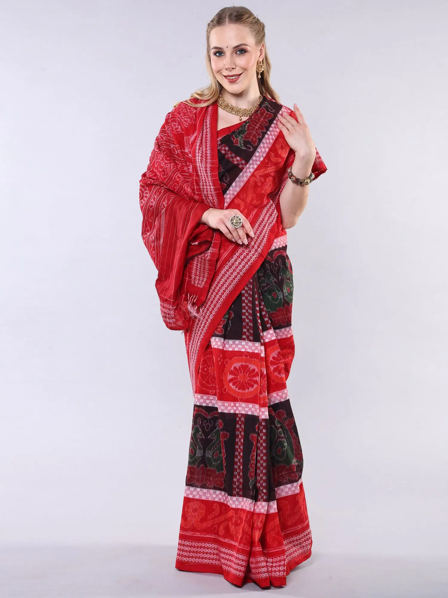 Tri-Color Pure Cotton Ikat Saree with Woven Pair of Peacocks and Rudraksha Border, alternate view