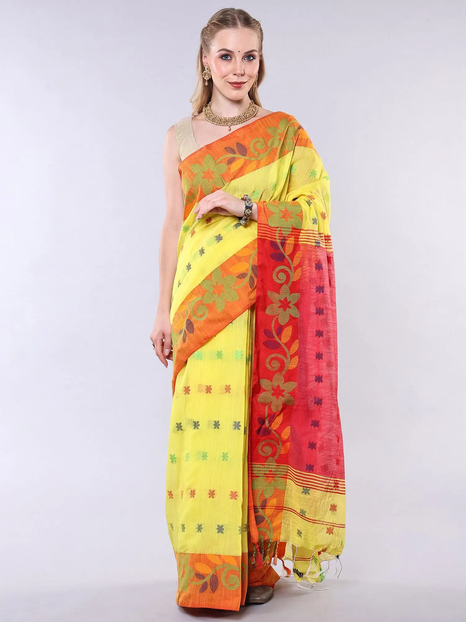 Dhakai Jamdani Saree with Woven Bootis and Floral Vine Border from Bengal, alternate view
