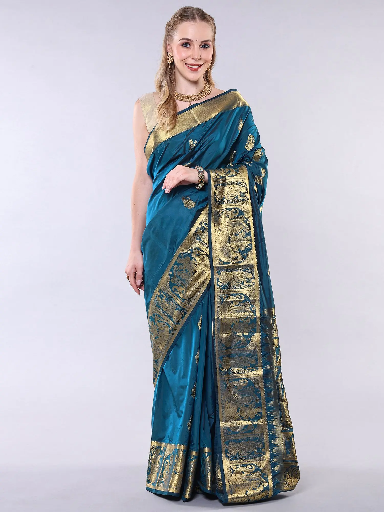 Lyons-Blue Baluchari Saree with Intricate Zari woven Apsaras All-Over from Bangalore
