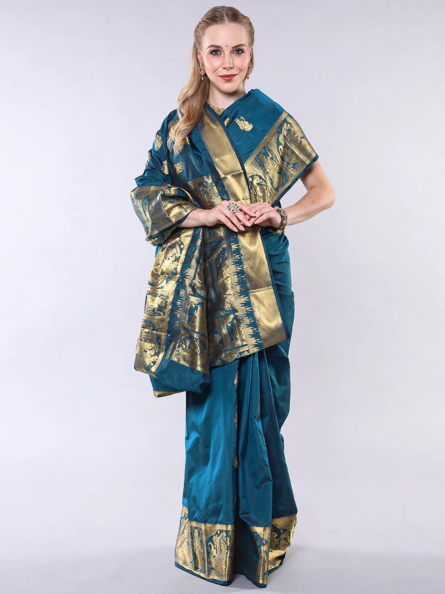 Lyons-Blue Baluchari Saree with Intricate Zari woven Apsaras All-Over from Bangalore, alternate view